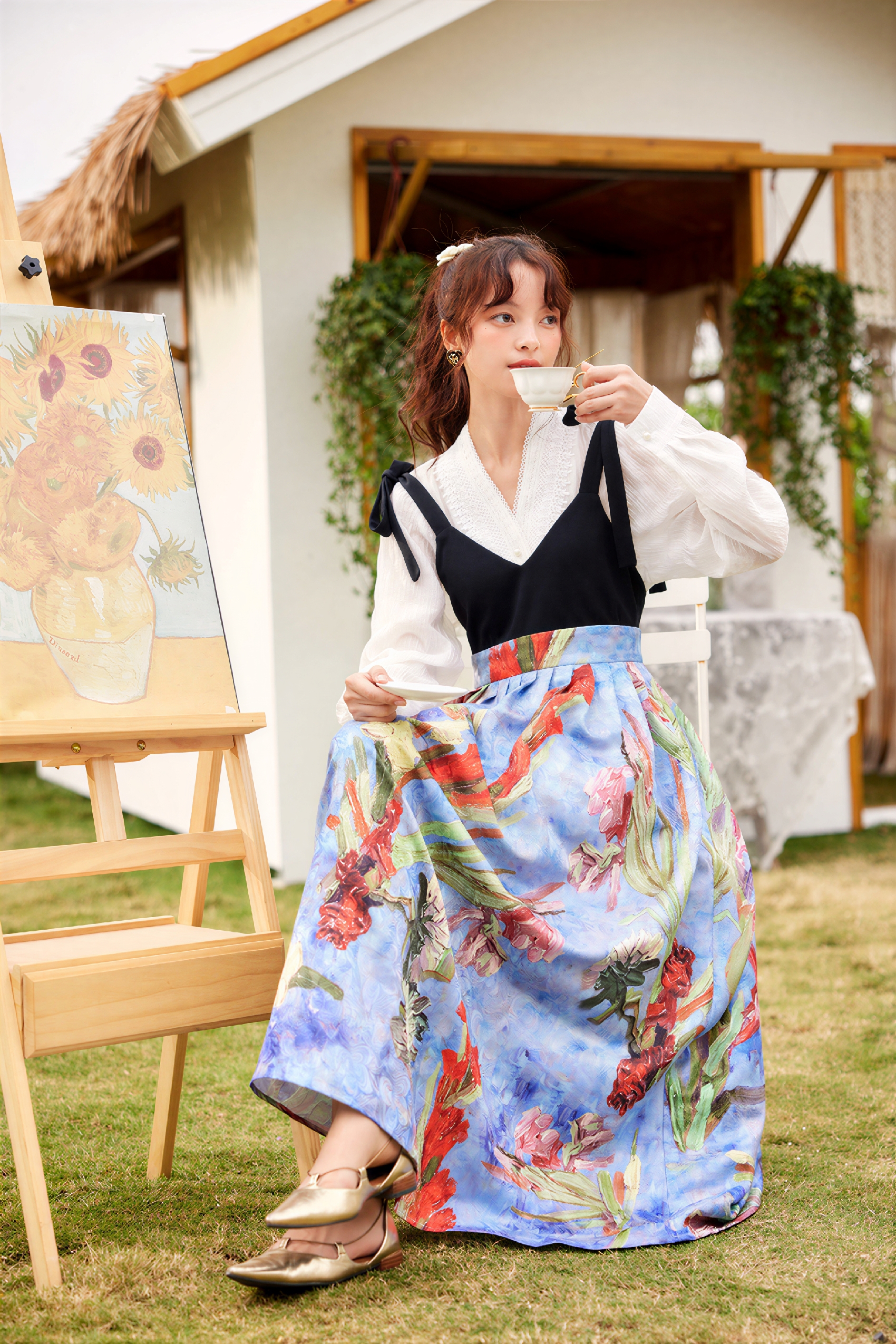Van Gogh-Inspired V-Neck Waist-Defined Slip Dress-LYONSENS