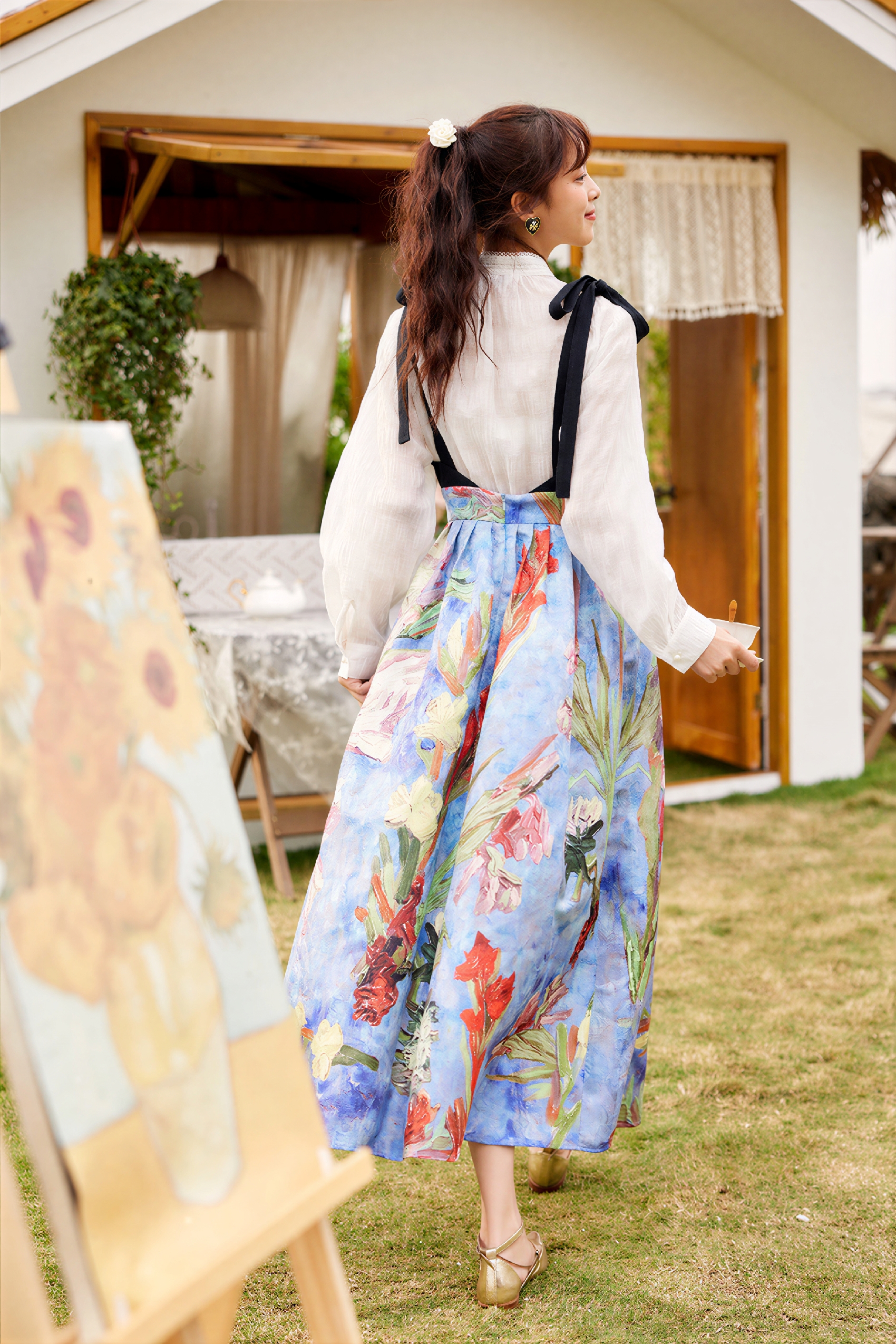 Van Gogh-Inspired V-Neck Waist-Defined Slip Dress-LYONSENS