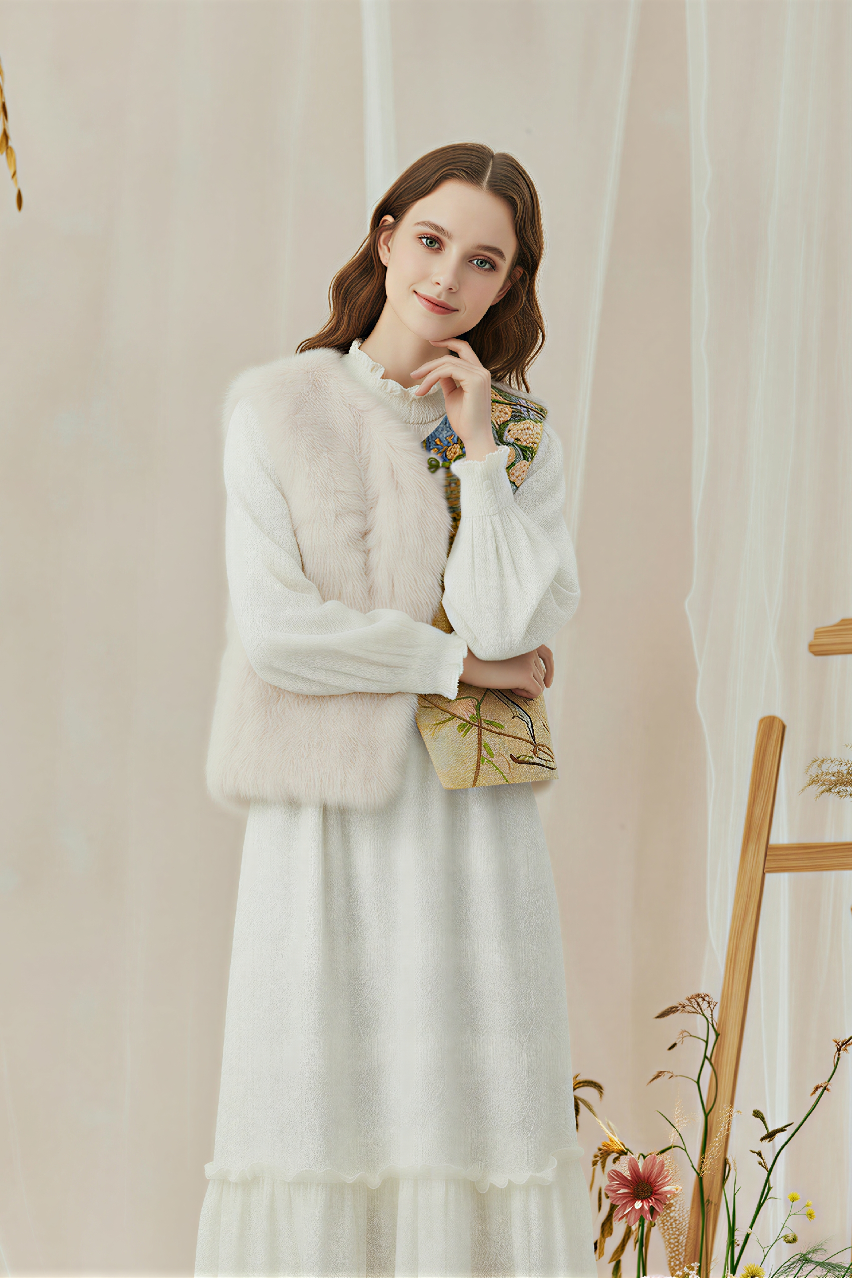 White Fuzzy Sleeveless Cape Vest