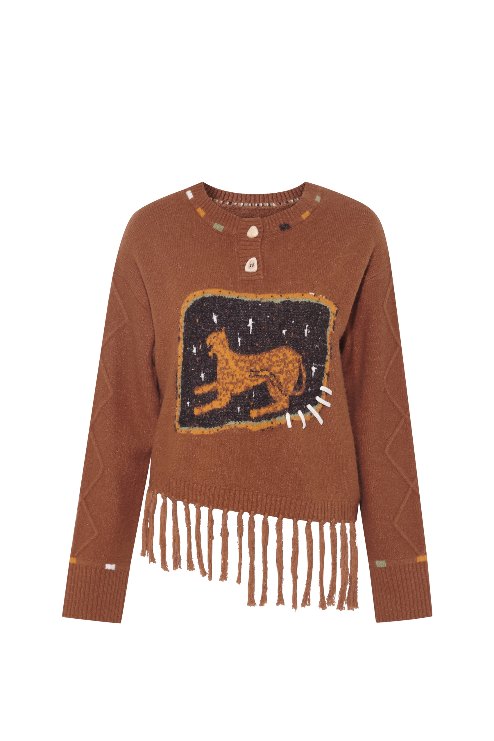 Round-neck jacquard sweater with tassels