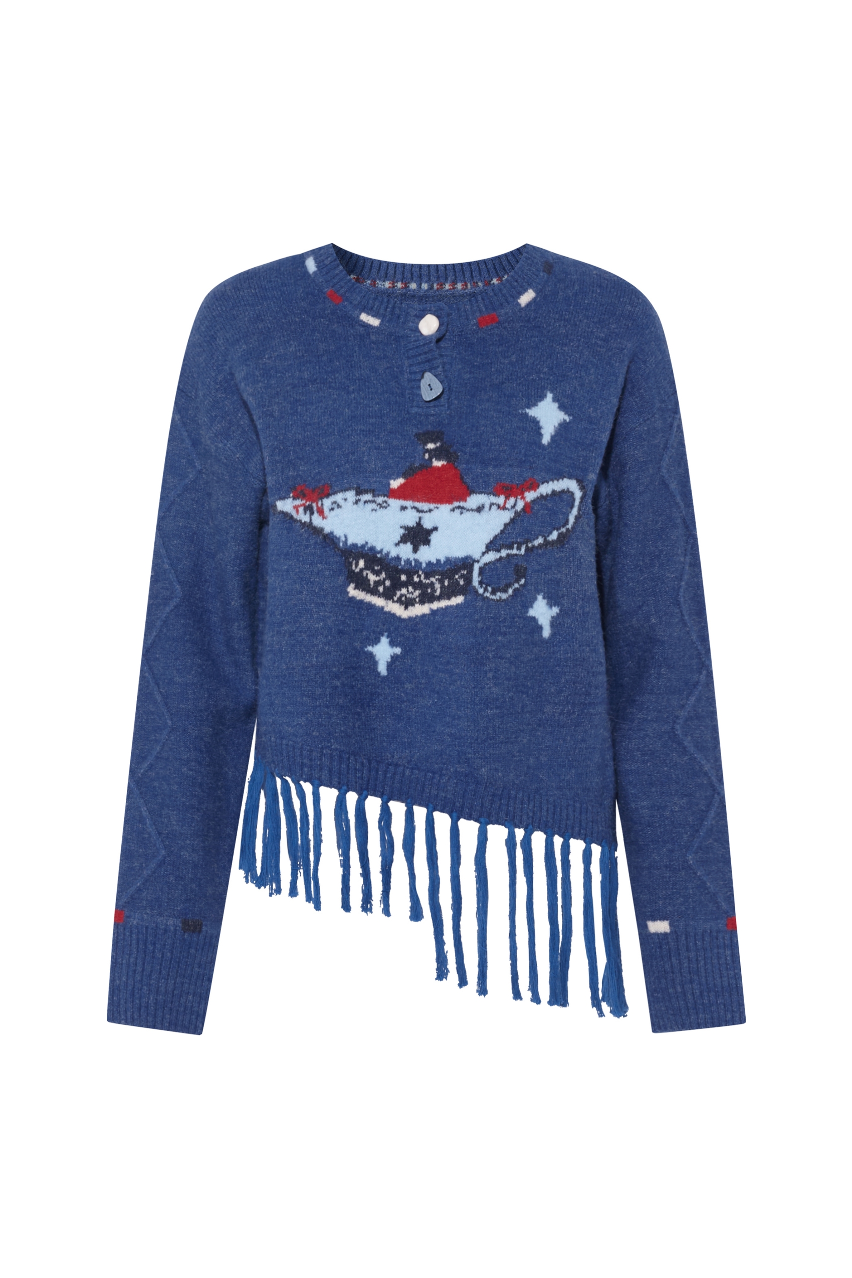 Round-neck jacquard sweater with tassels