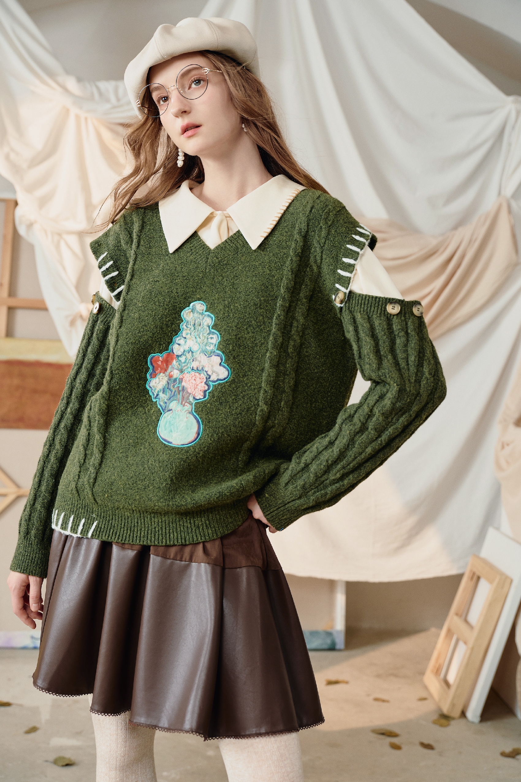 Van Gogh-Inspired V-Neck Knit Sweater