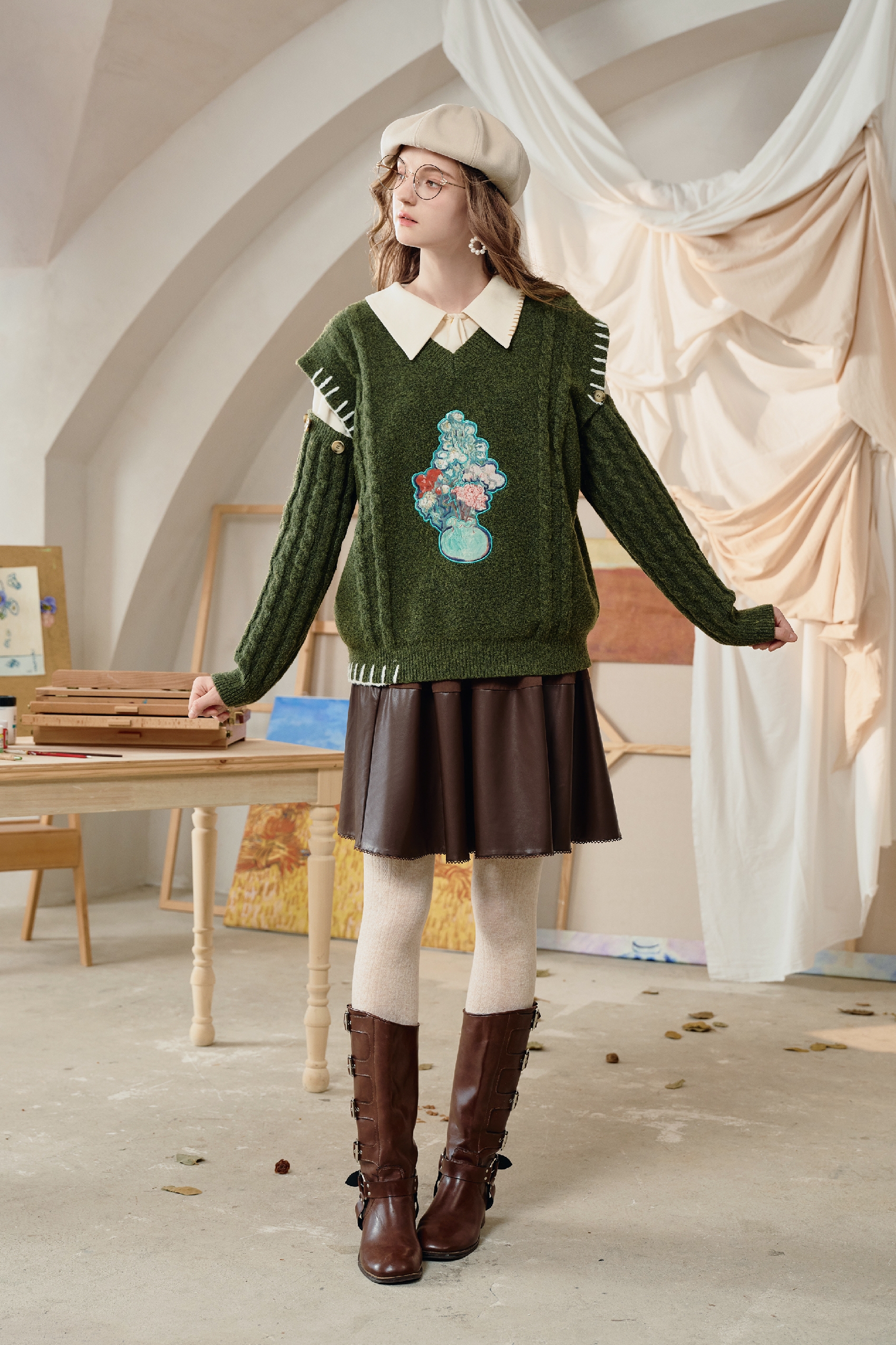 Van Gogh-Inspired V-Neck Knit Sweater