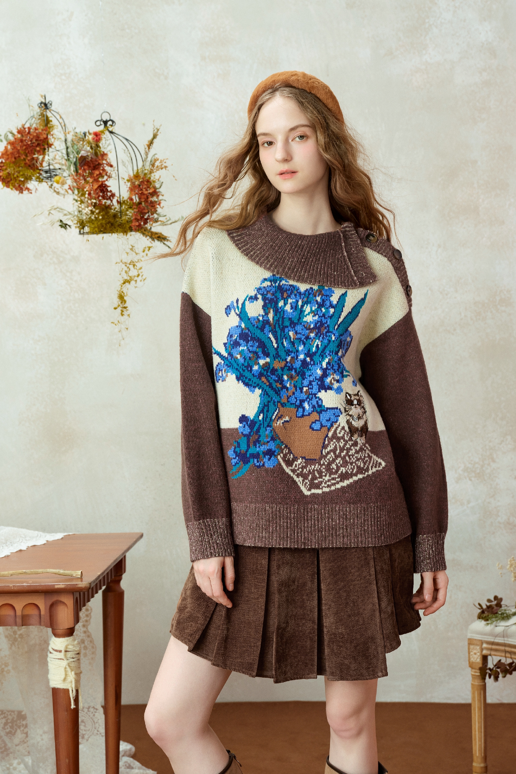 Van Gogh-Inspired Relaxed Collared Knit Sweater