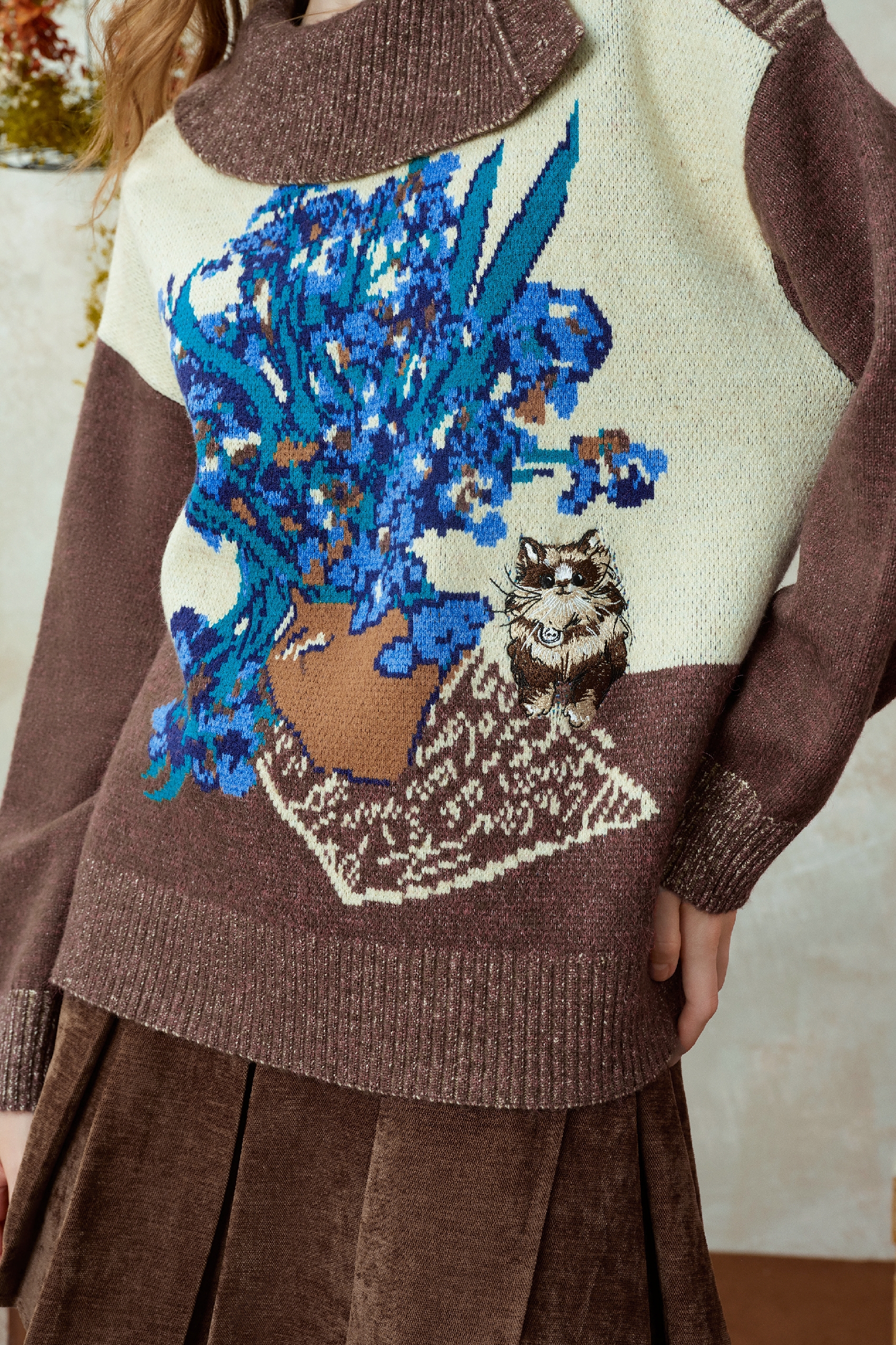 Van Gogh-Inspired Relaxed Collared Knit Sweater