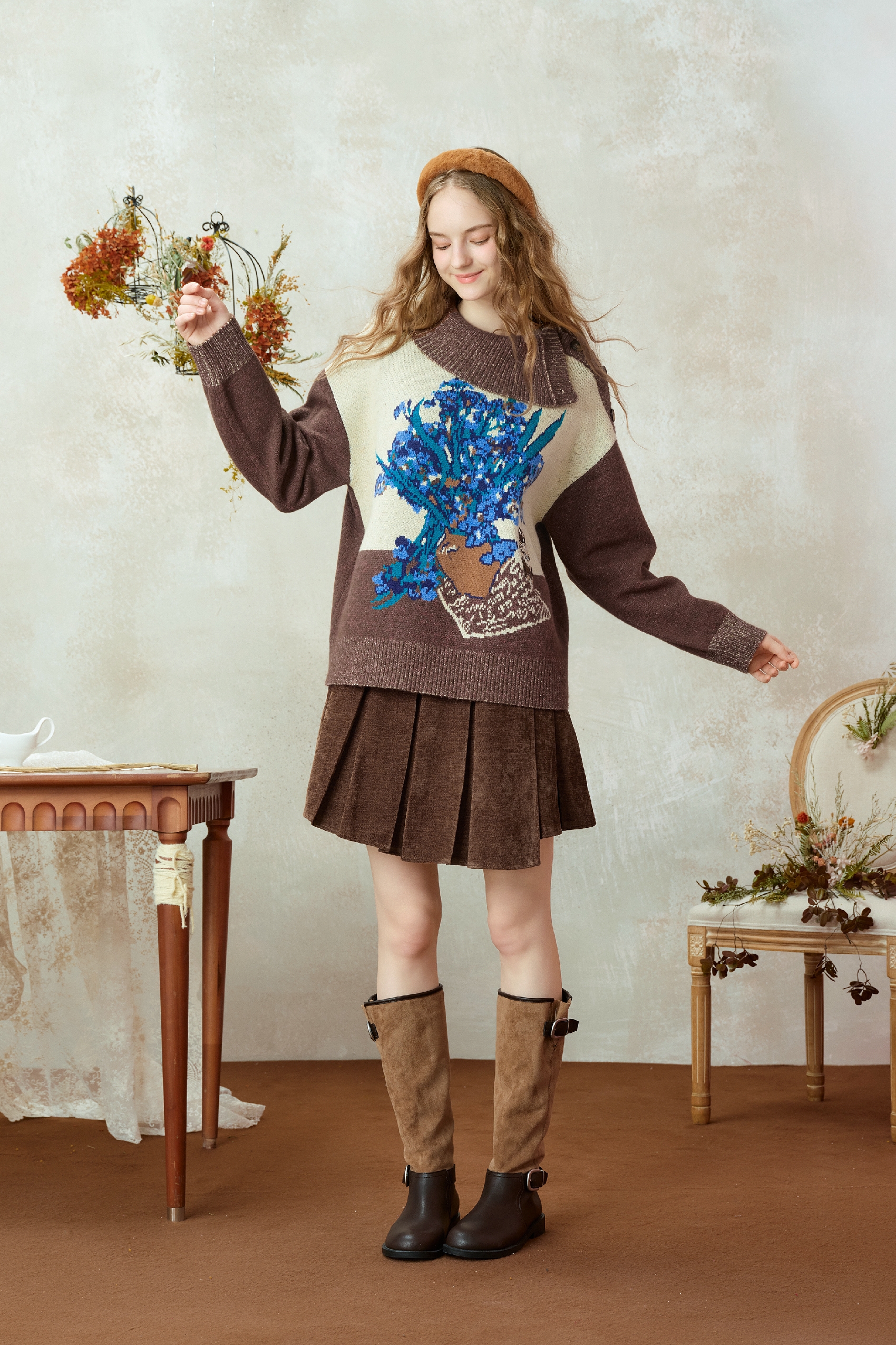 Van Gogh-Inspired Relaxed Collared Knit Sweater