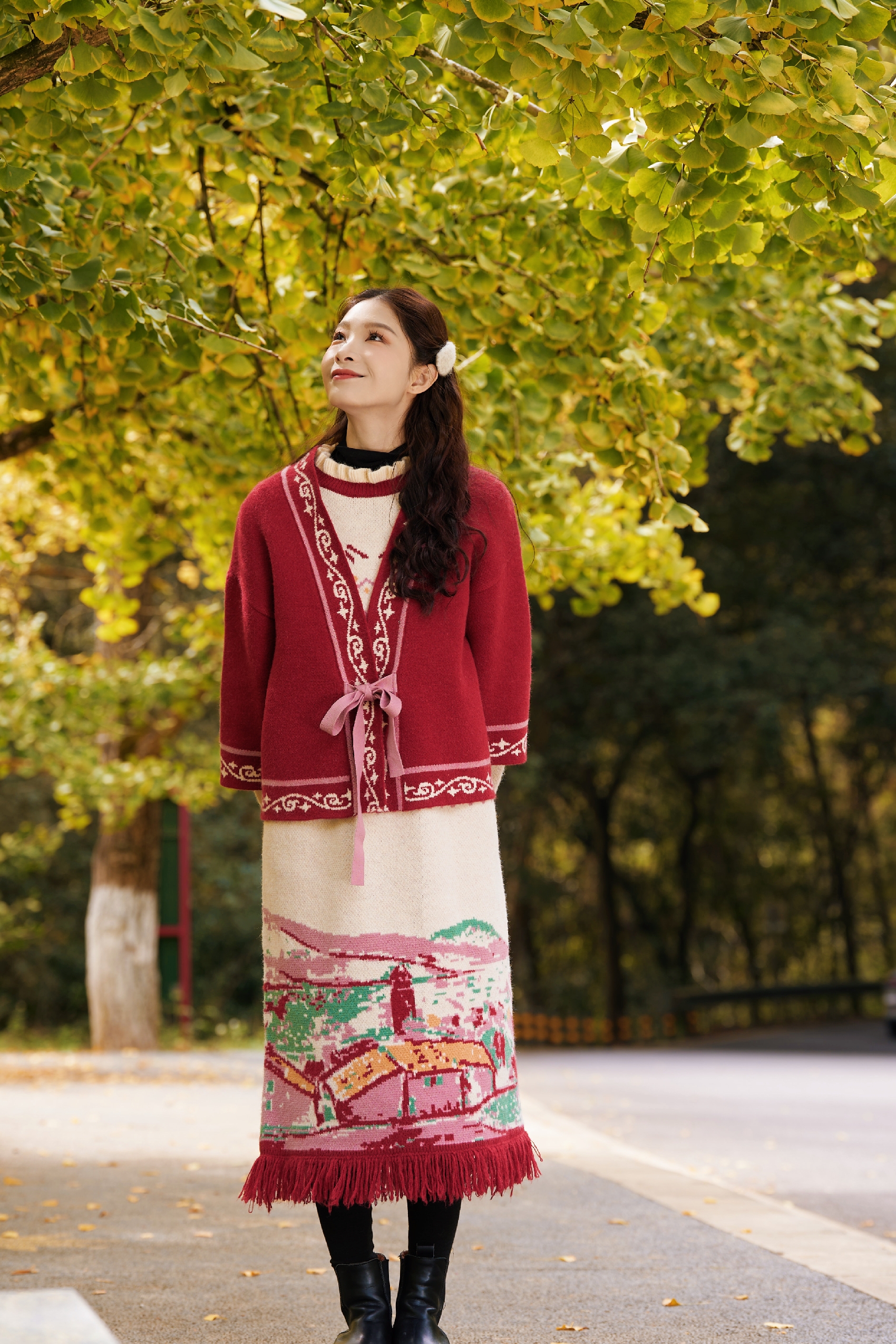 Red Festive Cropped Knit Cardigan