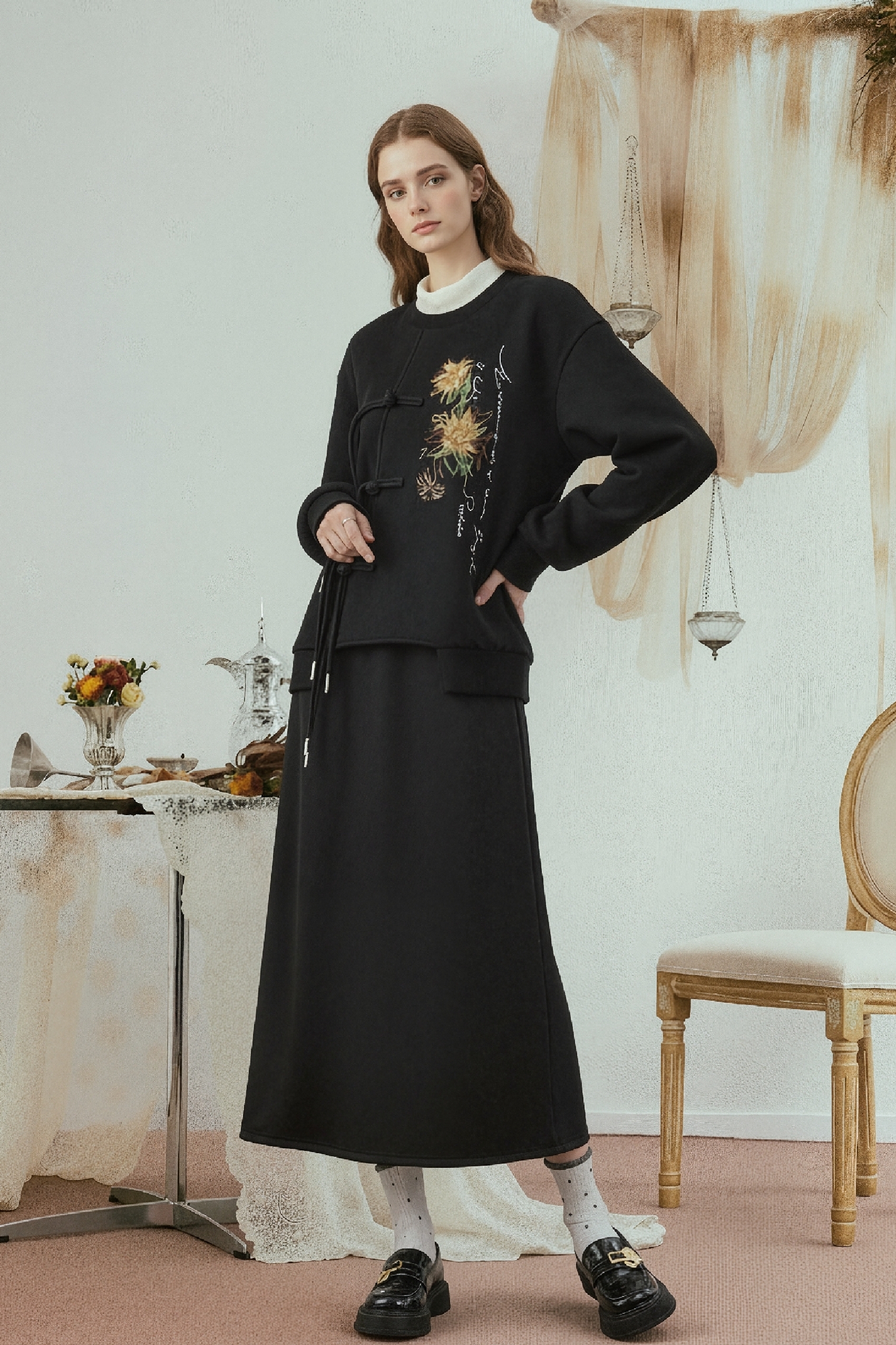 Van Gogh-Inspired Modern Chinese-Style Skirt Set