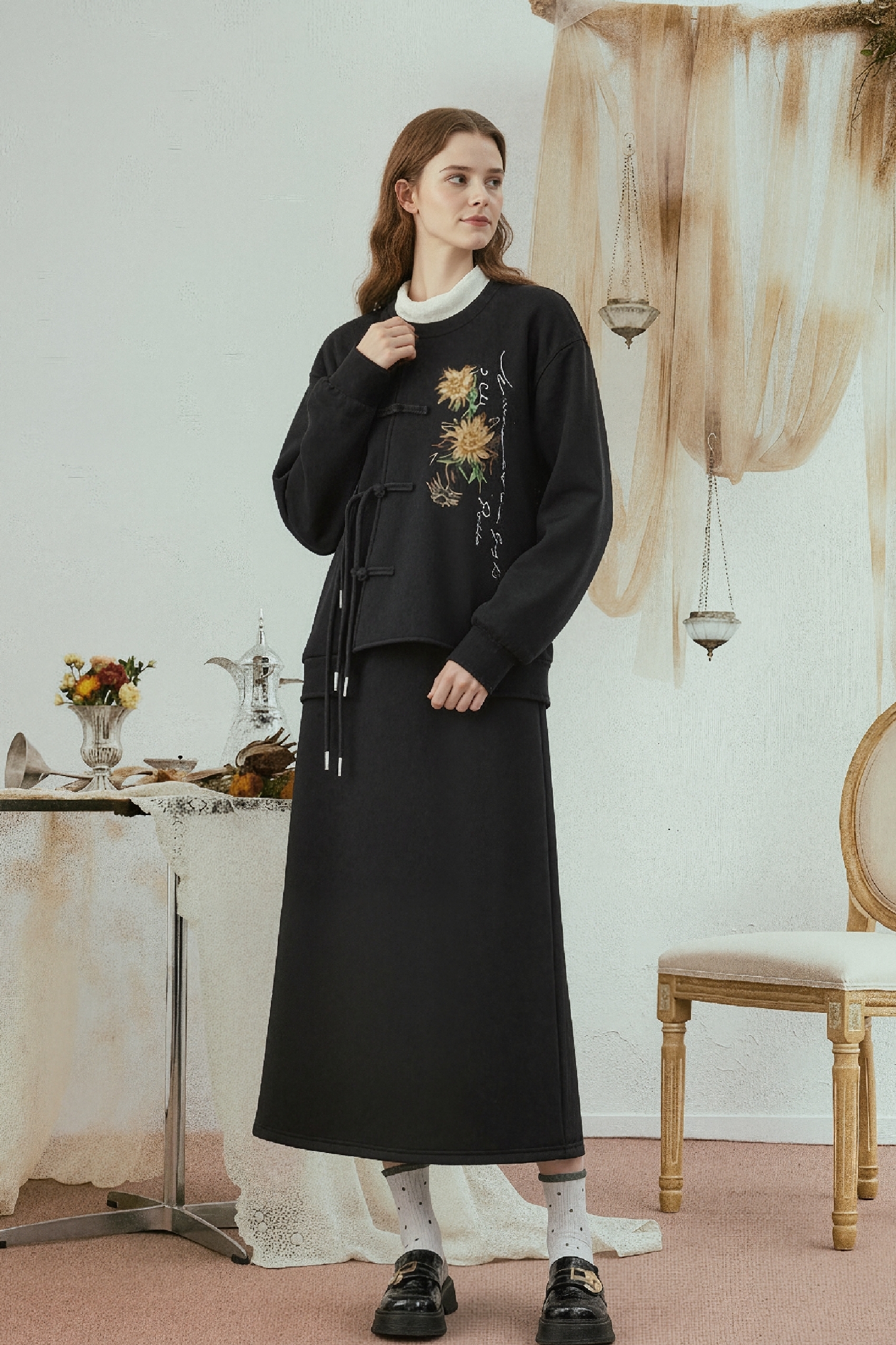 Van Gogh-Inspired Modern Chinese-Style Skirt Set