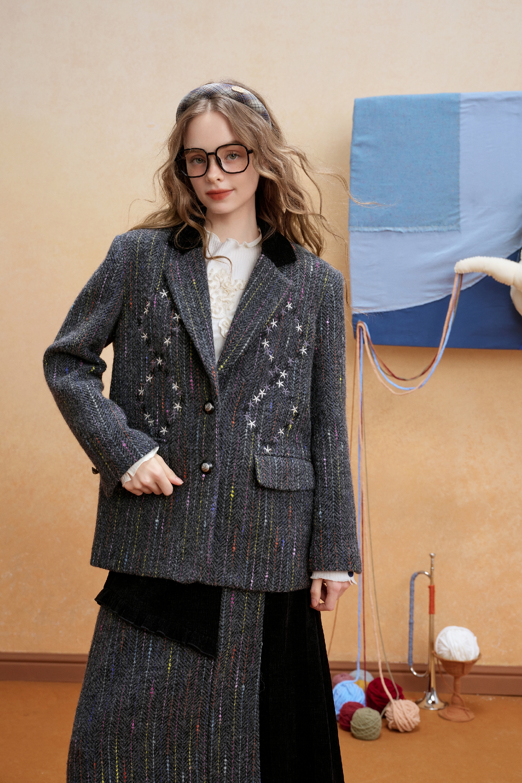 Embroidered Wool Blend Blazer