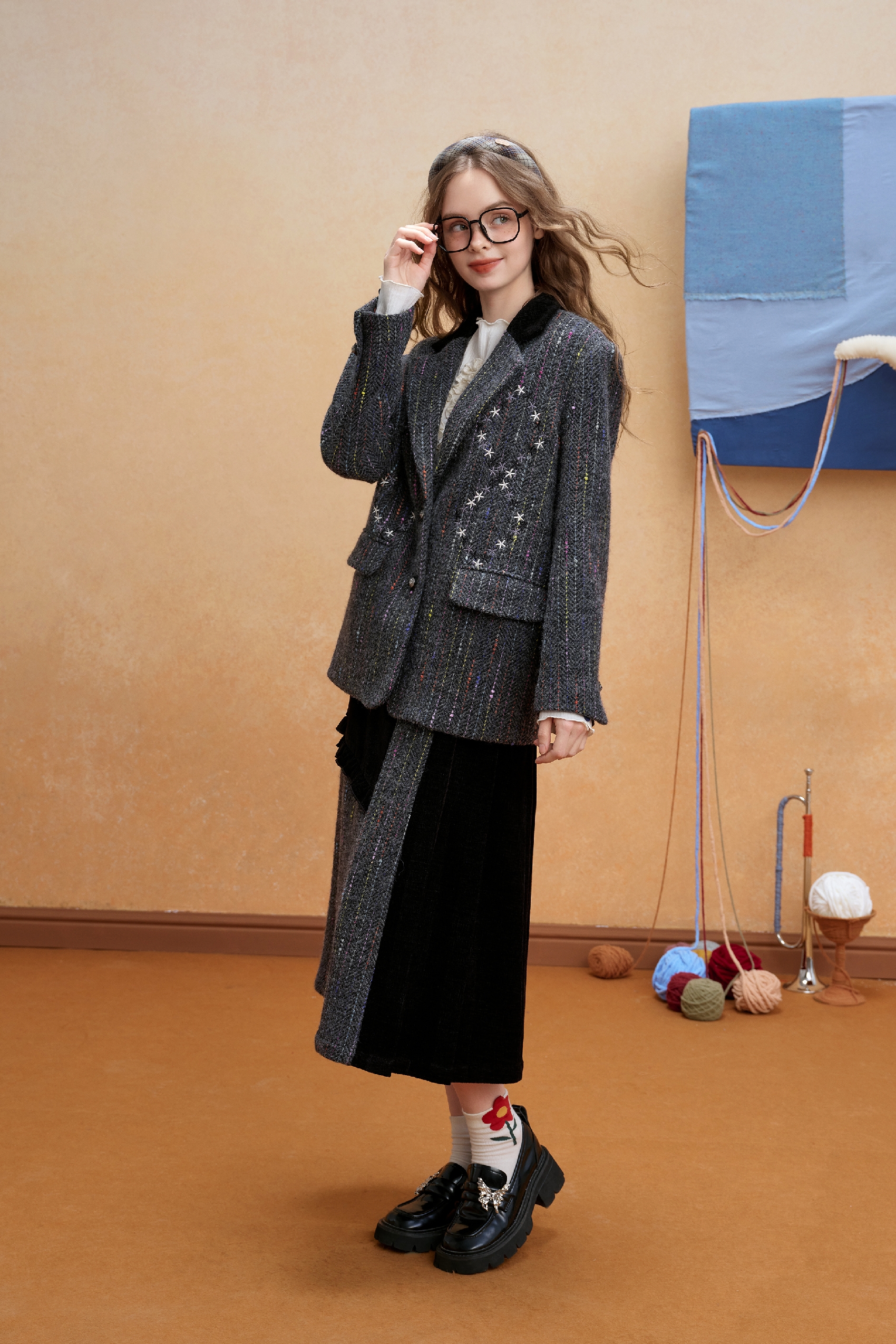 Embroidered Wool Blend Blazer