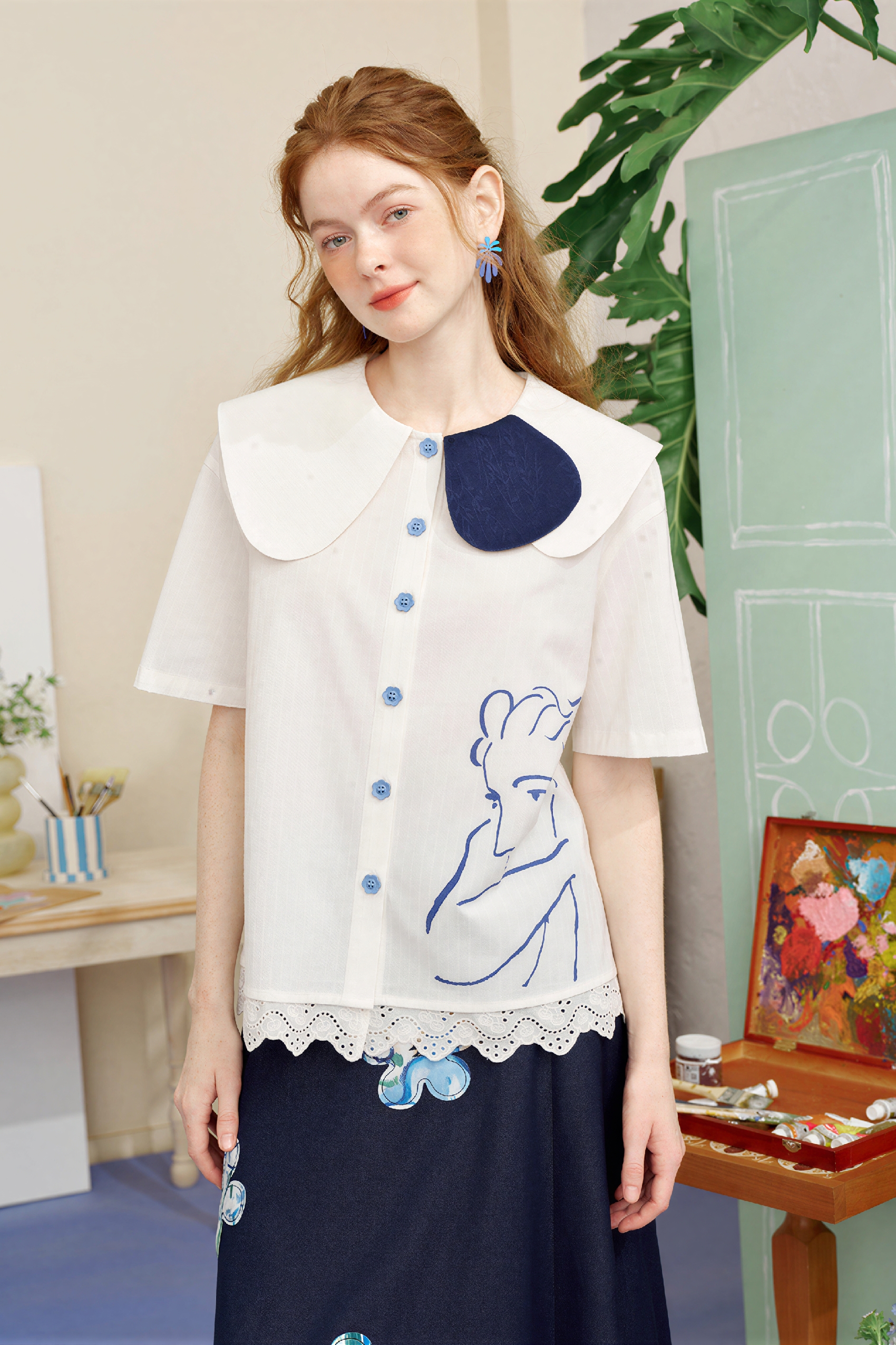 Matisse-Inspired Casual Peter Pan Collar Shirt-LYONSENS