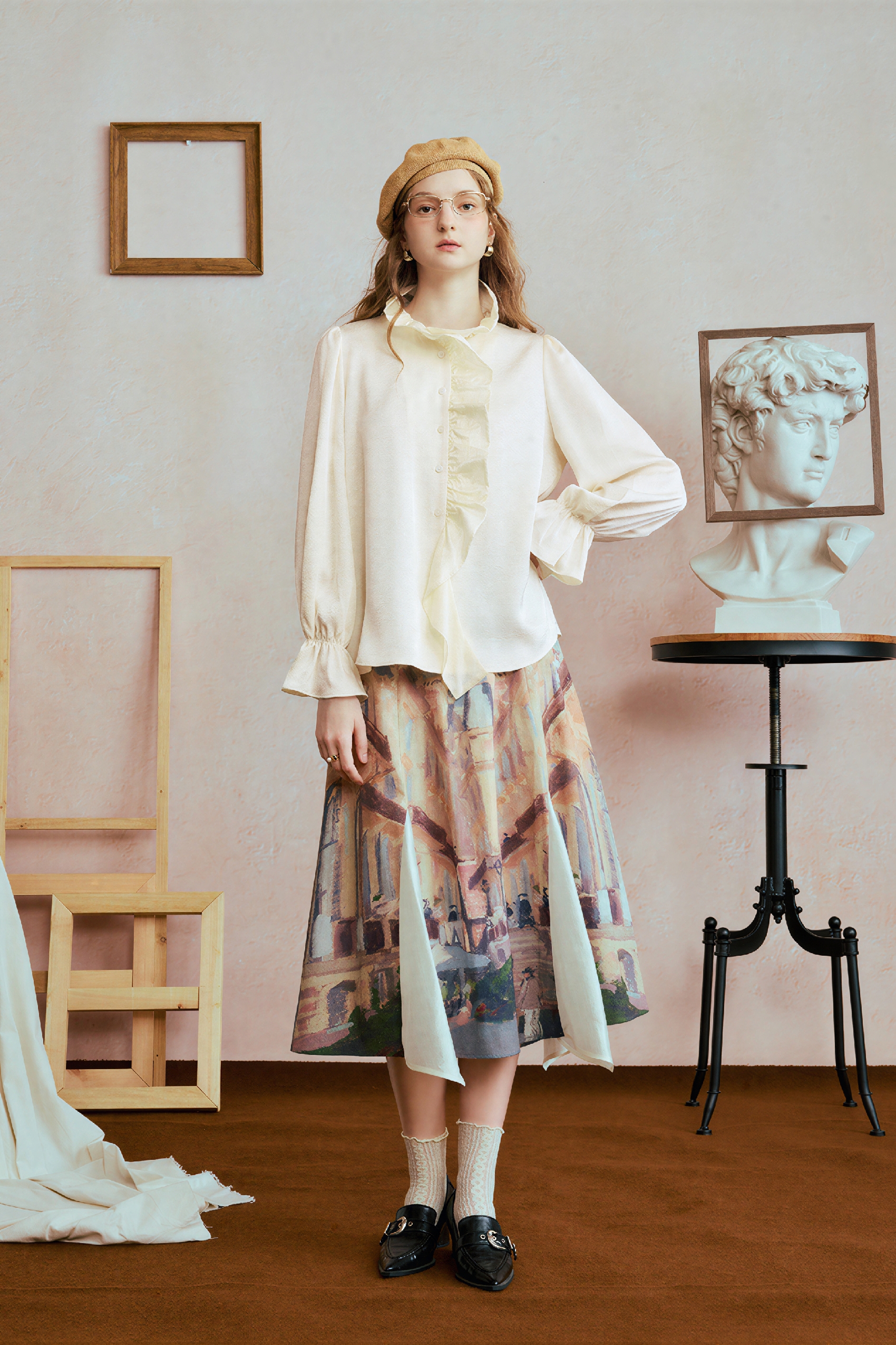 White Patchwork Ruffle Relaxed Shirt-LYONSENS