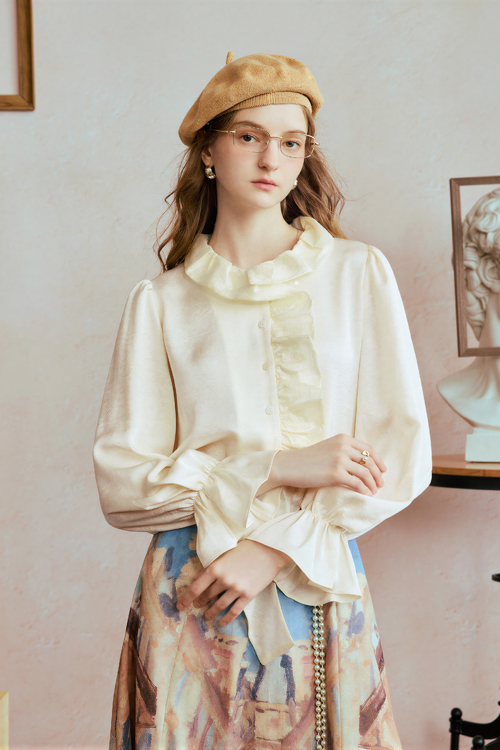 White Patchwork Ruffle Relaxed Shirt-LYONSENS