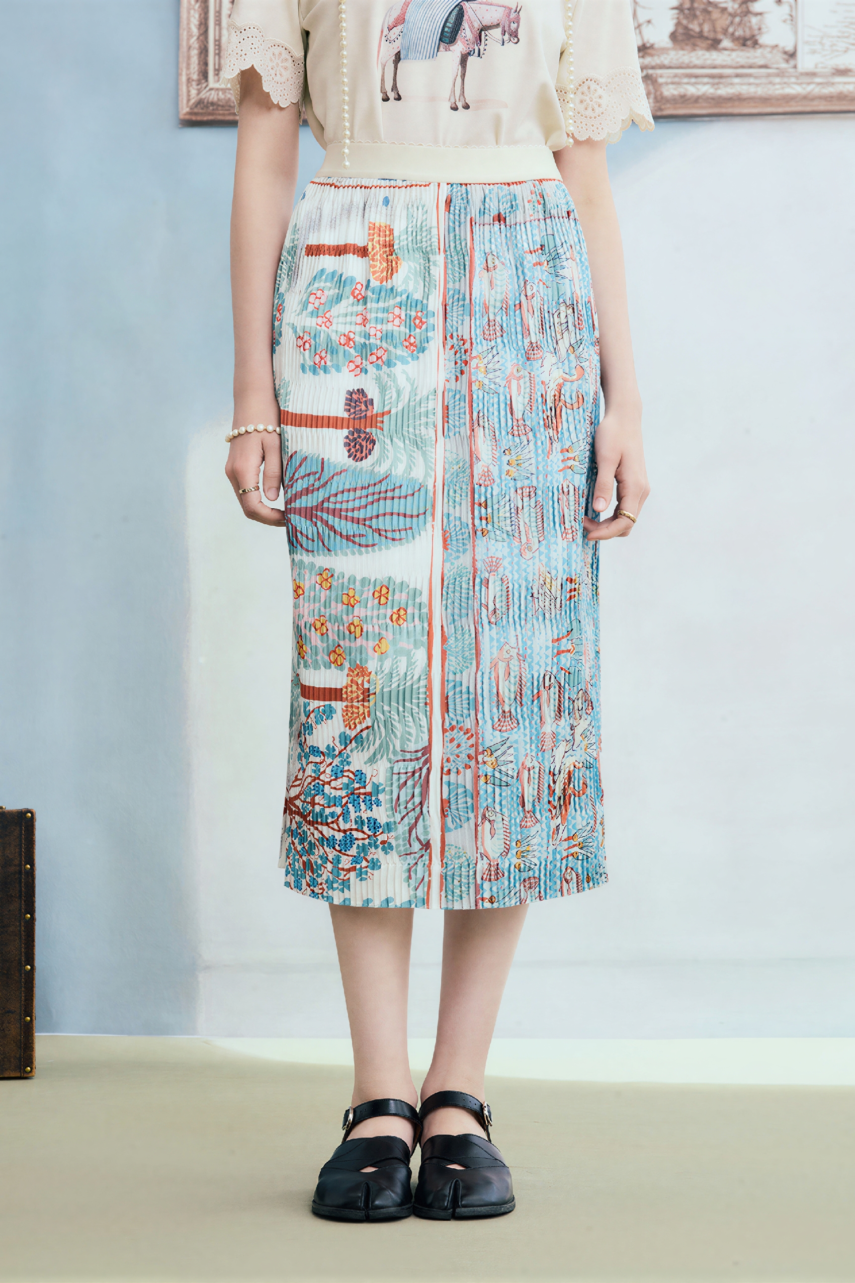 Art Vintage Pleated Printed Skirt