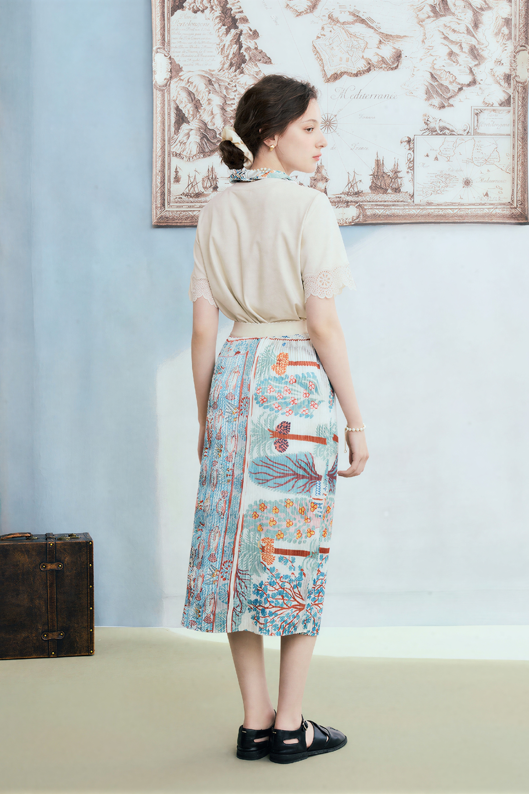 Art Vintage Pleated Printed Skirt