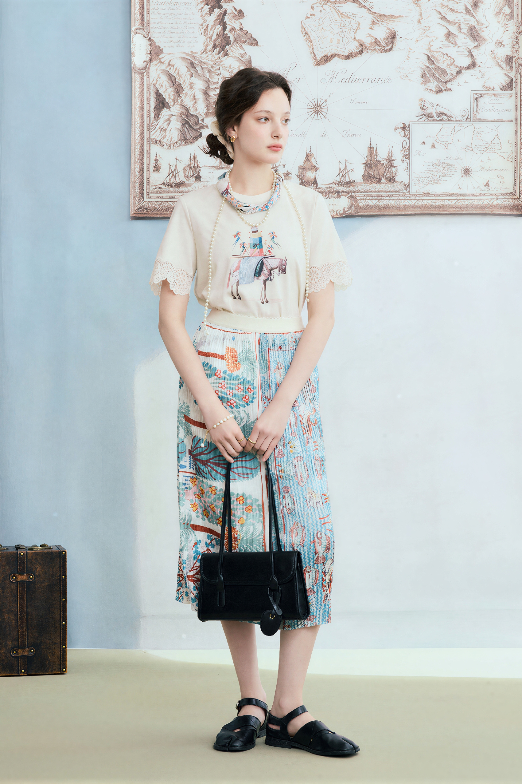 Art Vintage Pleated Printed Skirt