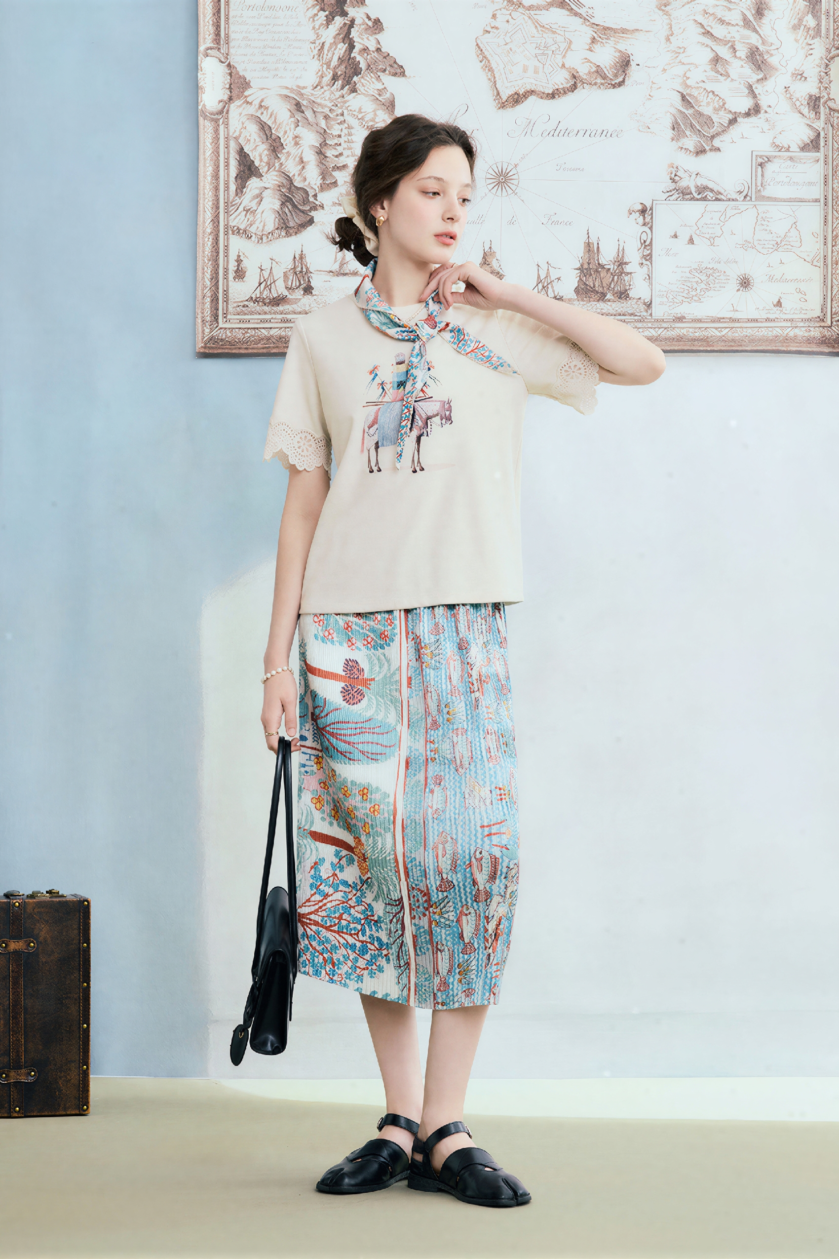 Art Vintage Pleated Printed Skirt