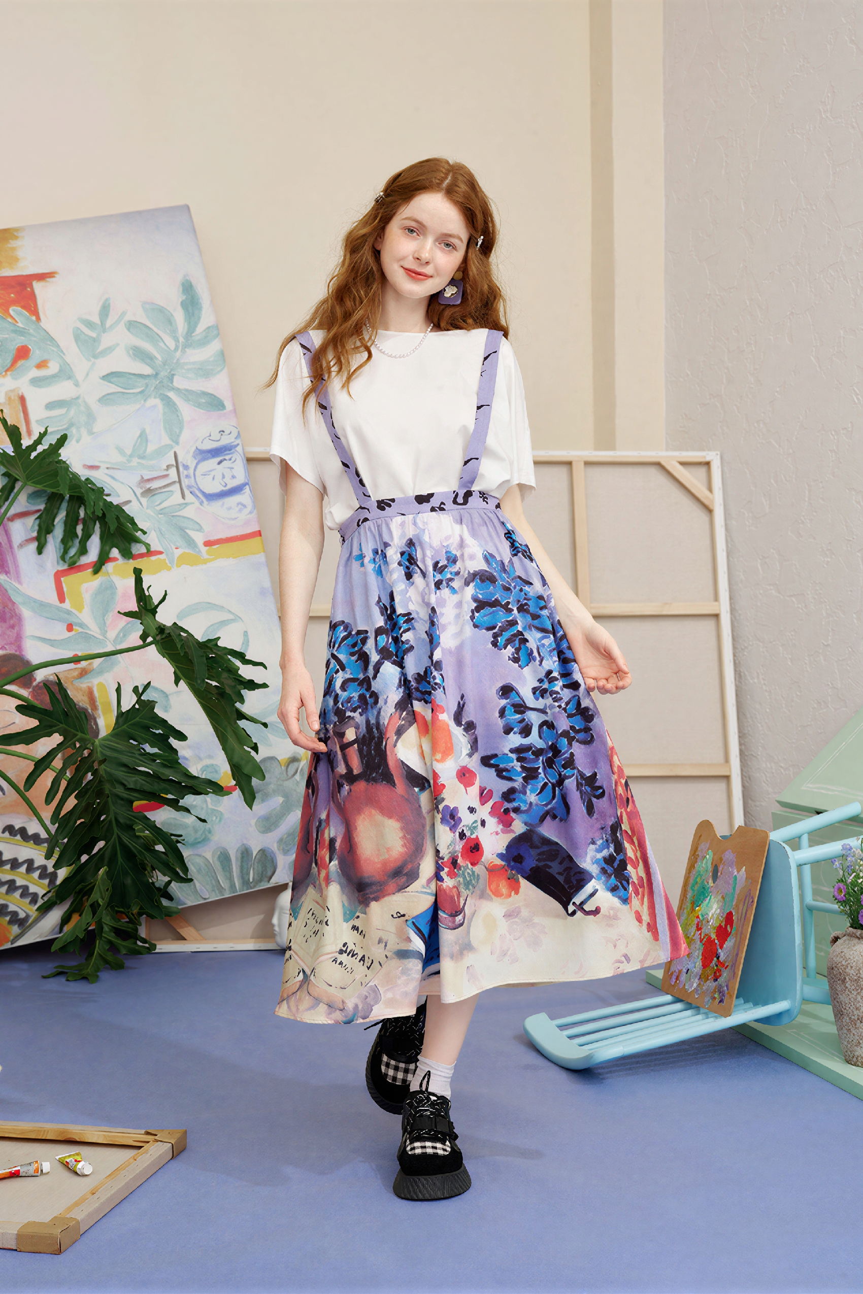 Oil Painting Print Suspender Skirt