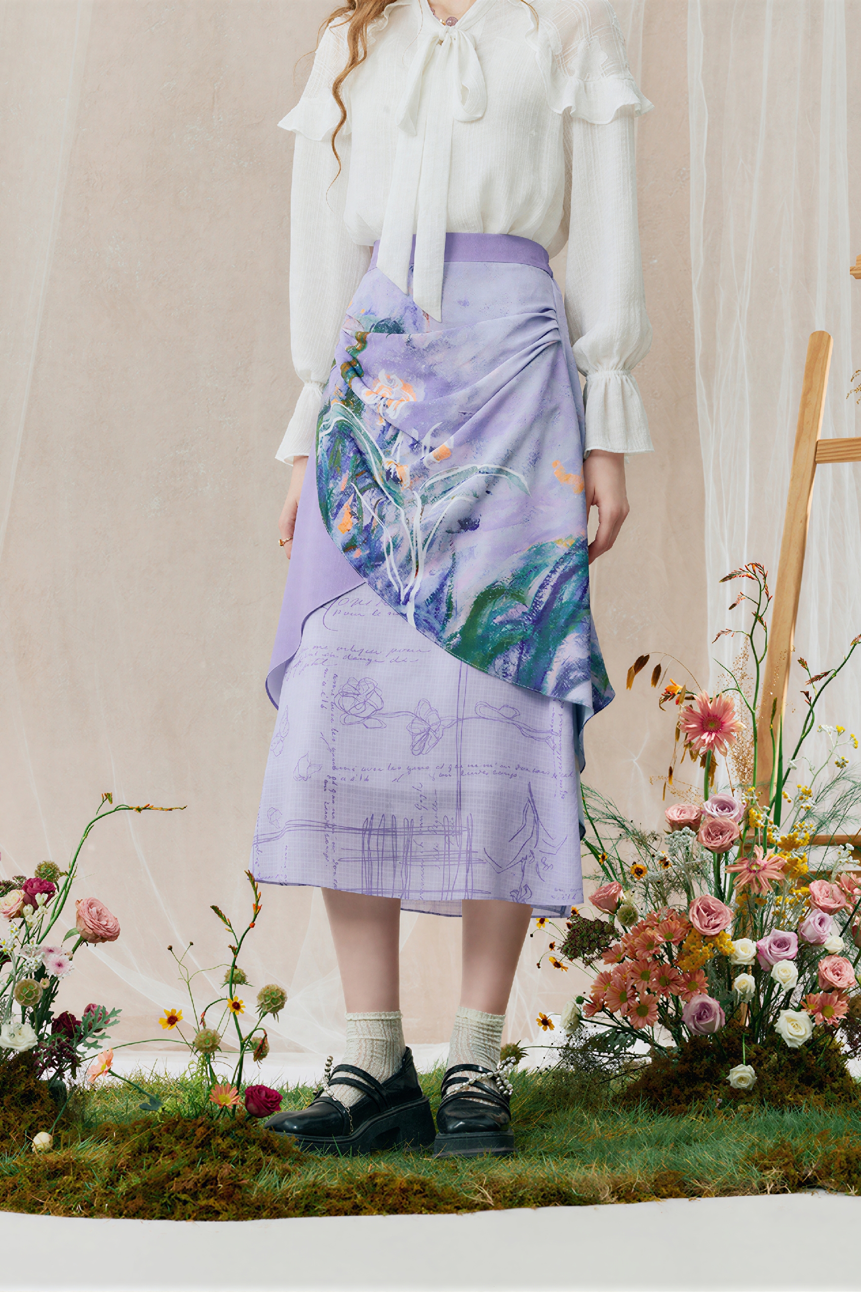 Monet-Inspired Vintage Printed  Purple Skirt