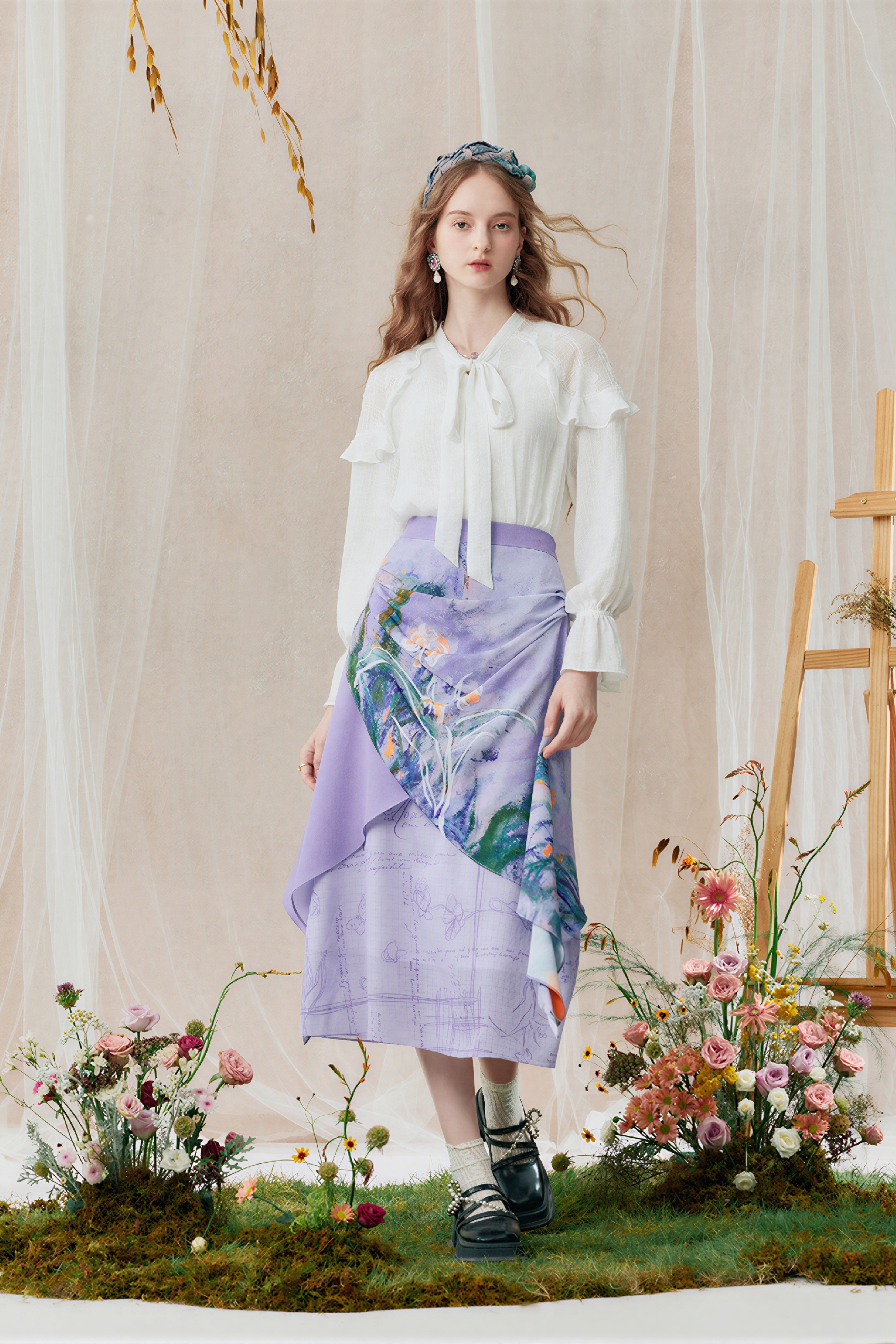 Monet-Inspired Vintage Printed  Purple Skirt