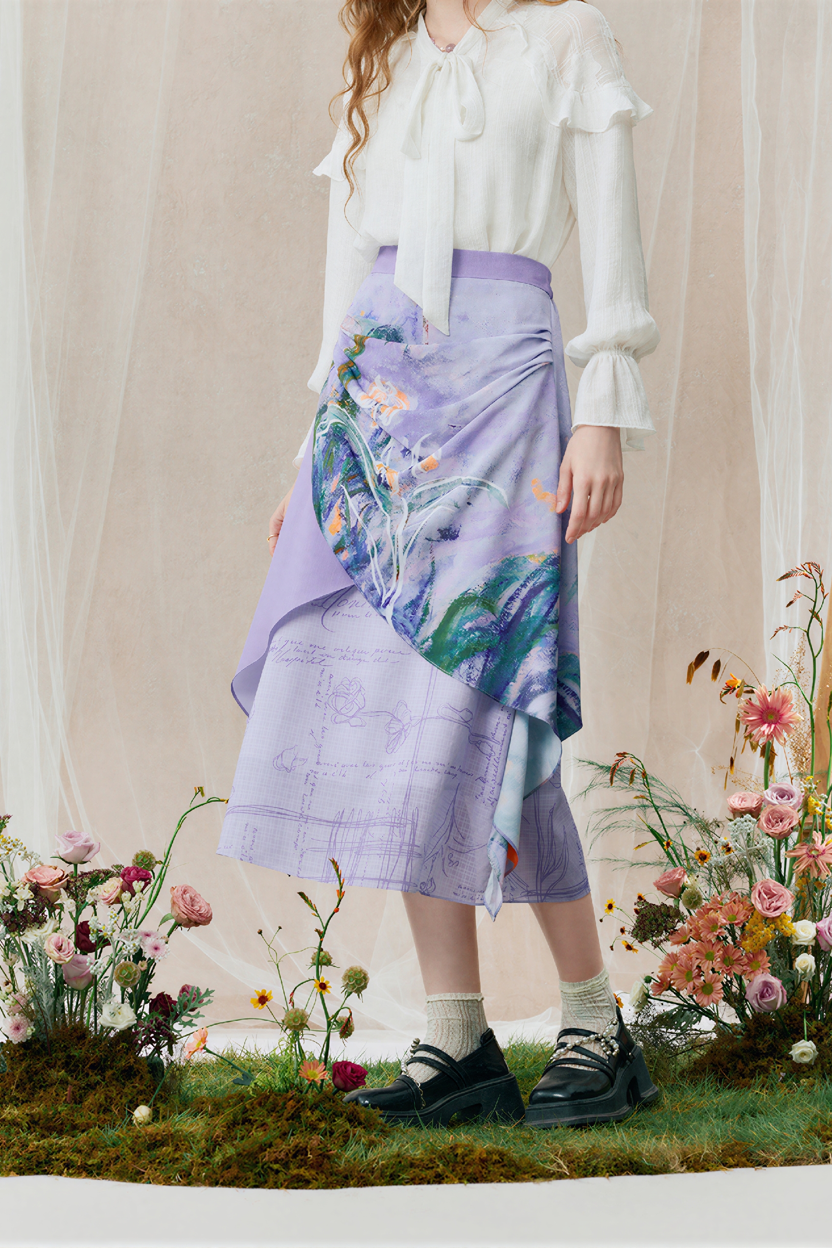 Monet-Inspired Vintage Printed  Purple Skirt