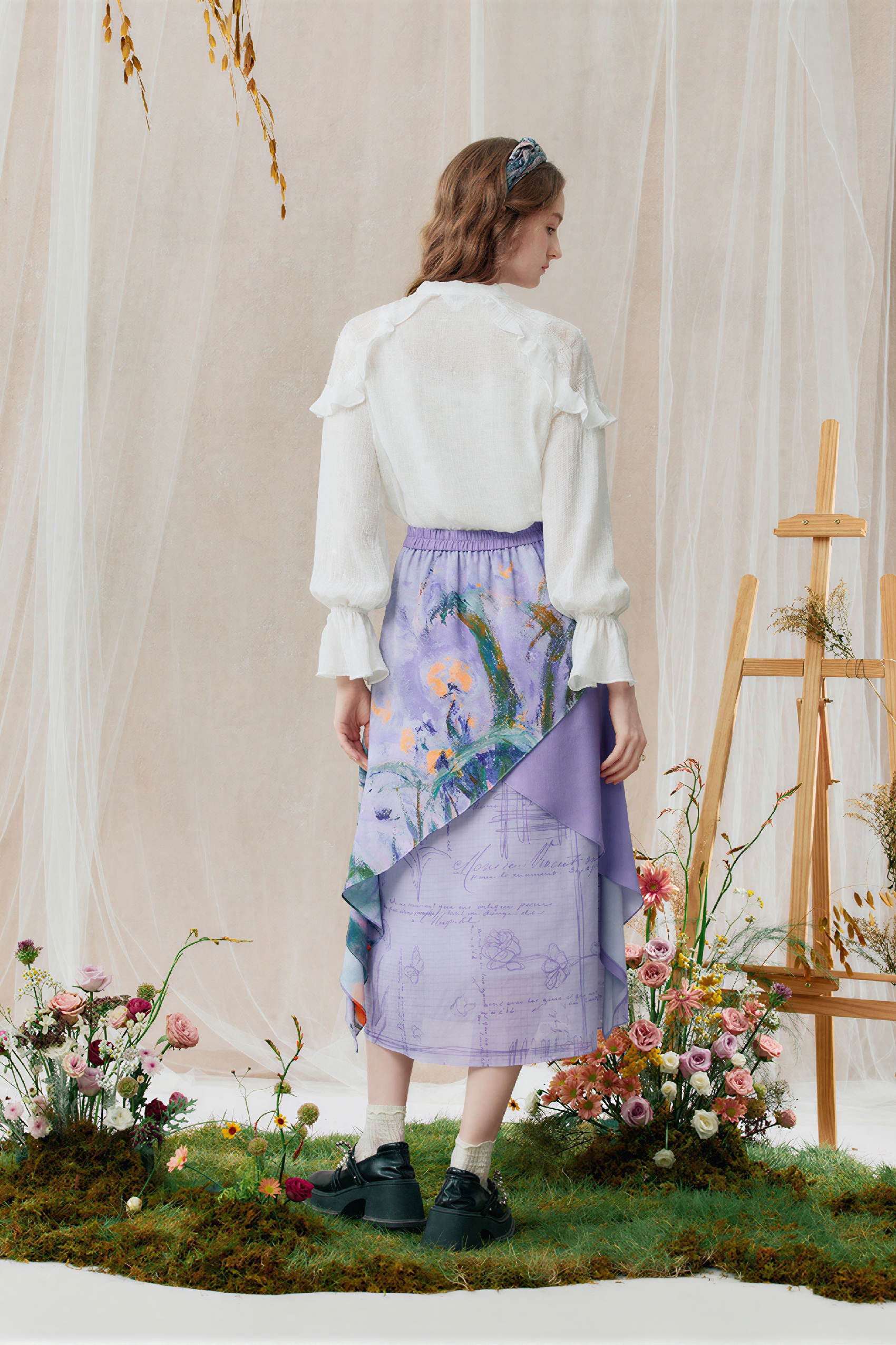 Monet-Inspired Vintage Printed  Purple Skirt
