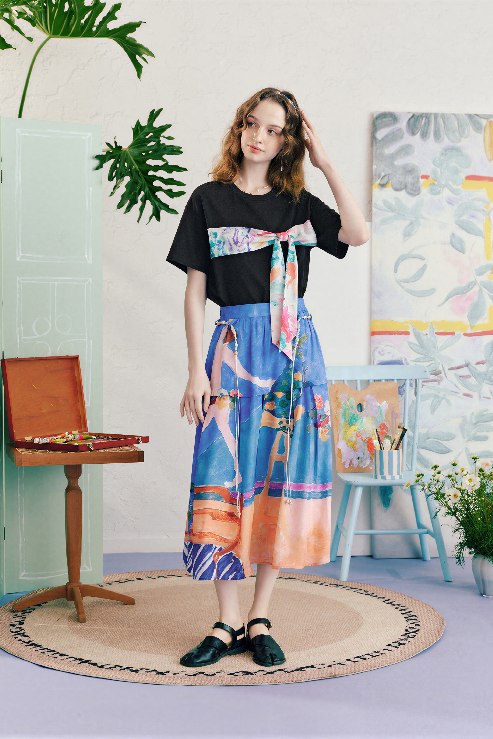 Art Print Patchwork A-Line Maxi Skirt