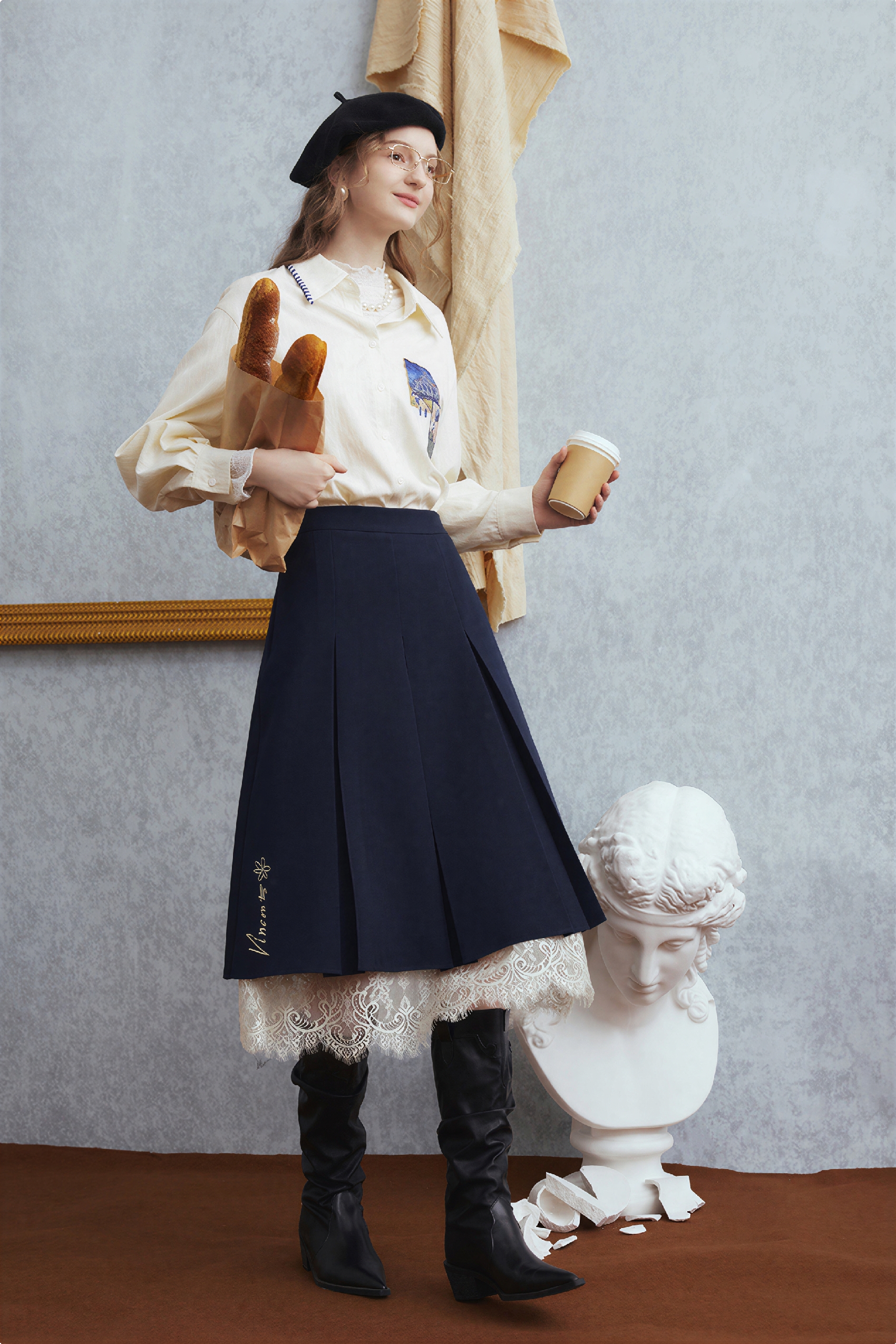 Van Gogh-Inspired High-Waisted Lace Skirt