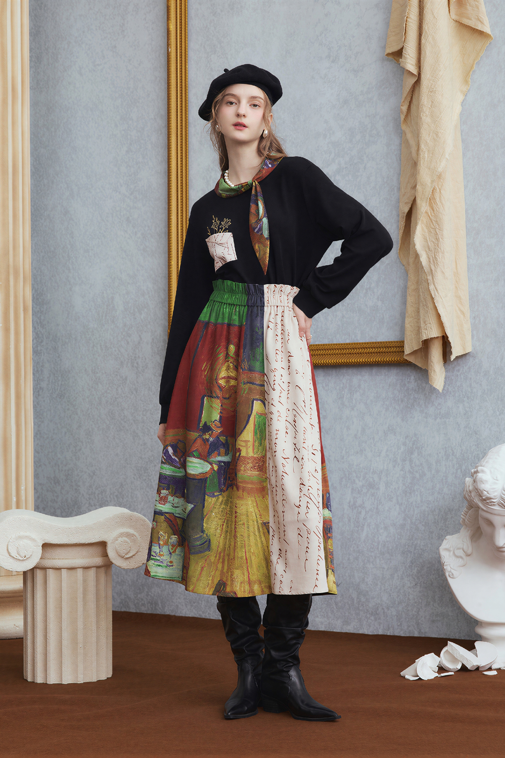 Van Gogh-Inspired High-Waisted A-Line Maxi Skirt