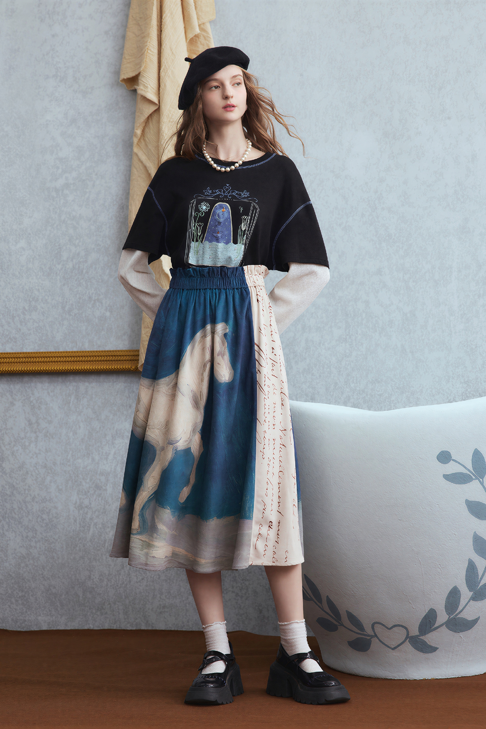 Van Gogh-Inspired High-Waisted A-Line Maxi Skirt