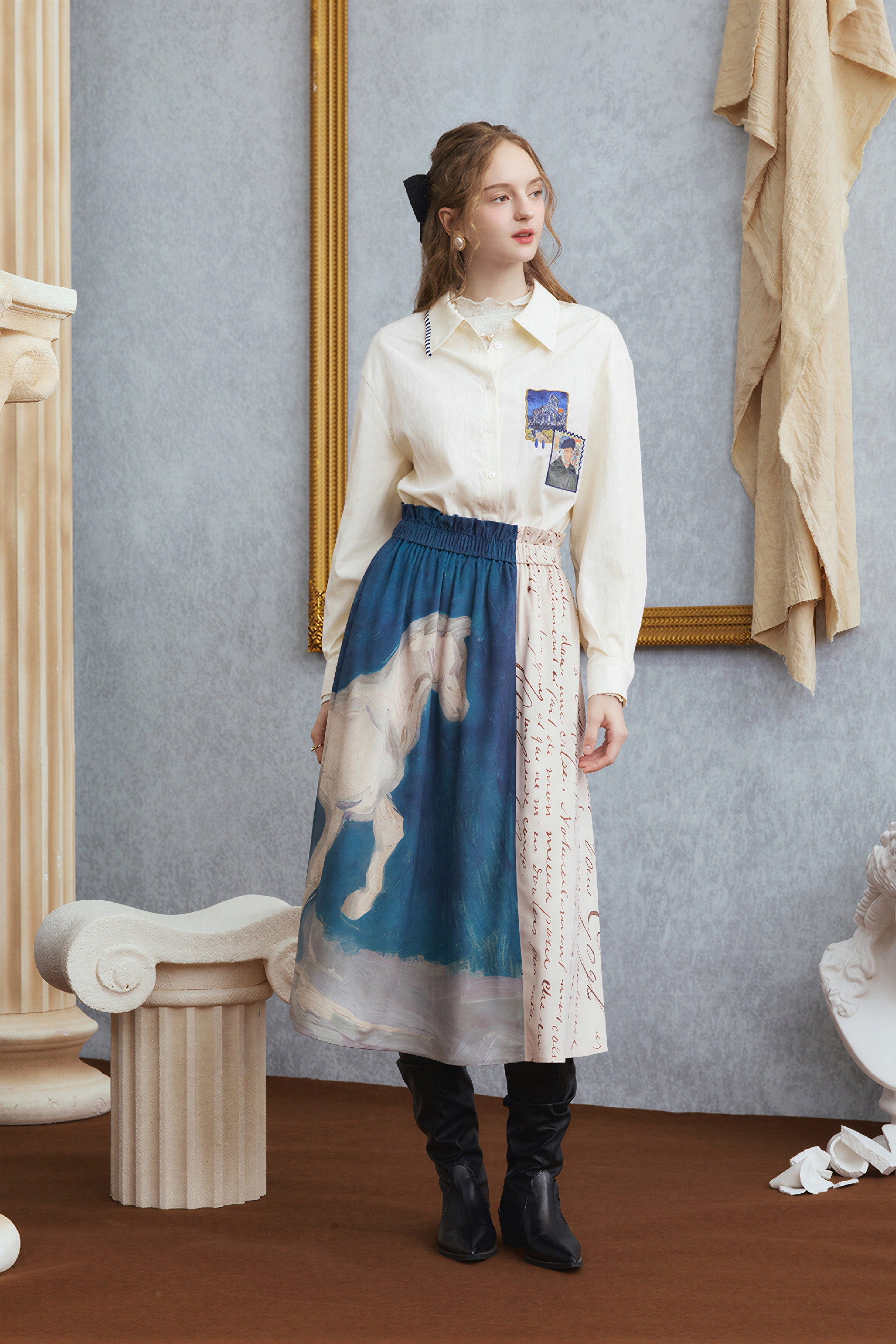 Van Gogh-Inspired High-Waisted A-Line Maxi Skirt