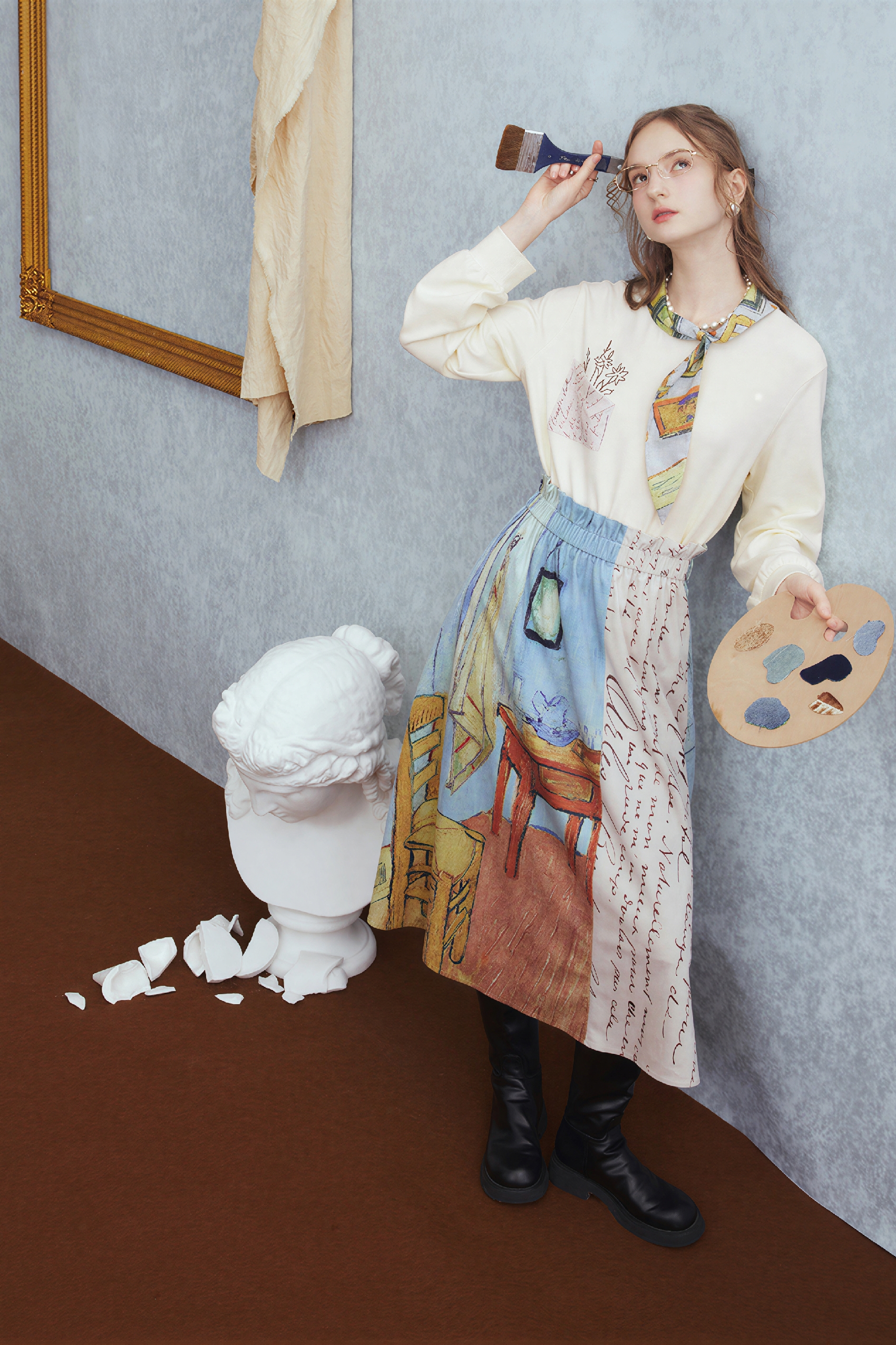 Van Gogh-Inspired High-Waisted A-Line Maxi Skirt