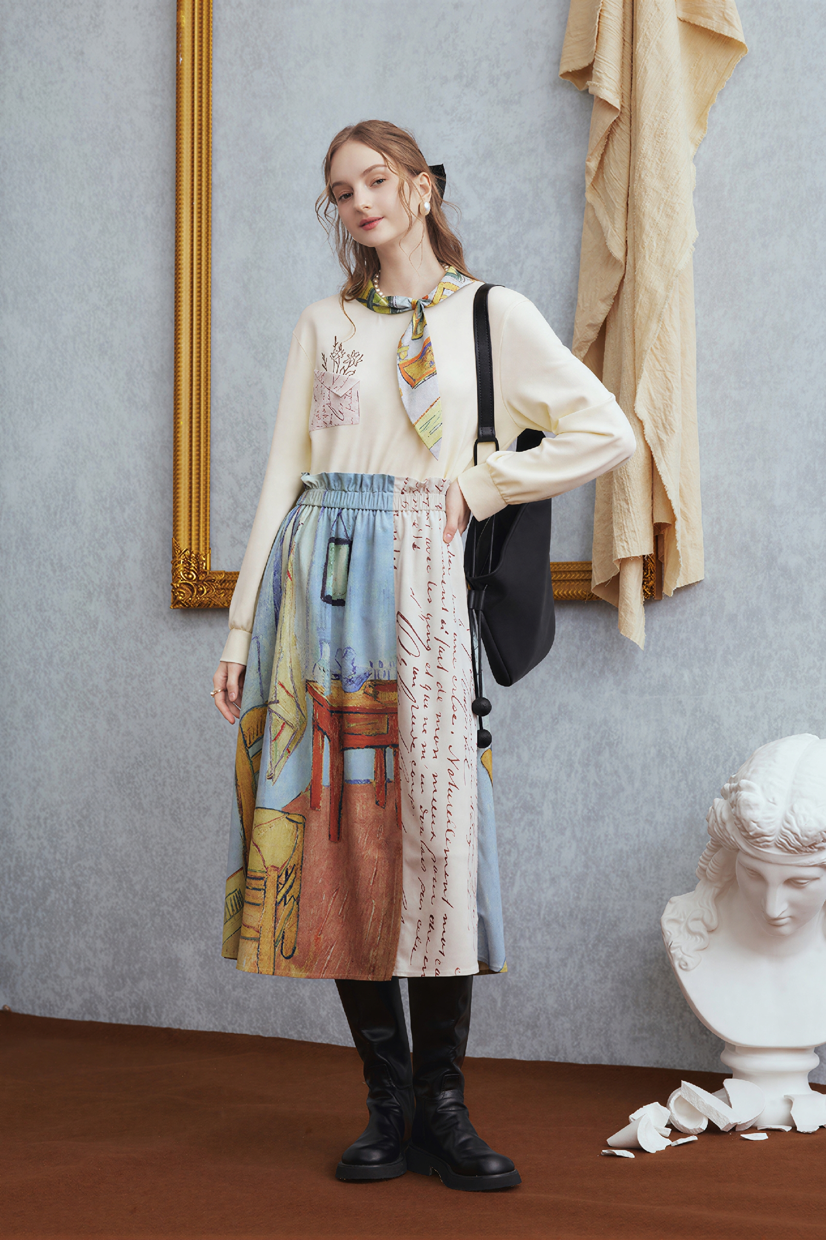 Van Gogh-Inspired High-Waisted A-Line Maxi Skirt