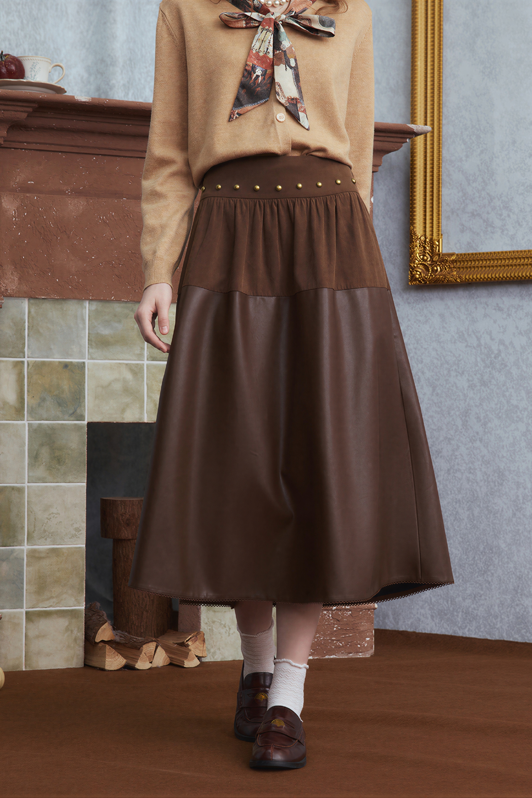 Brown retro leather midi skirt