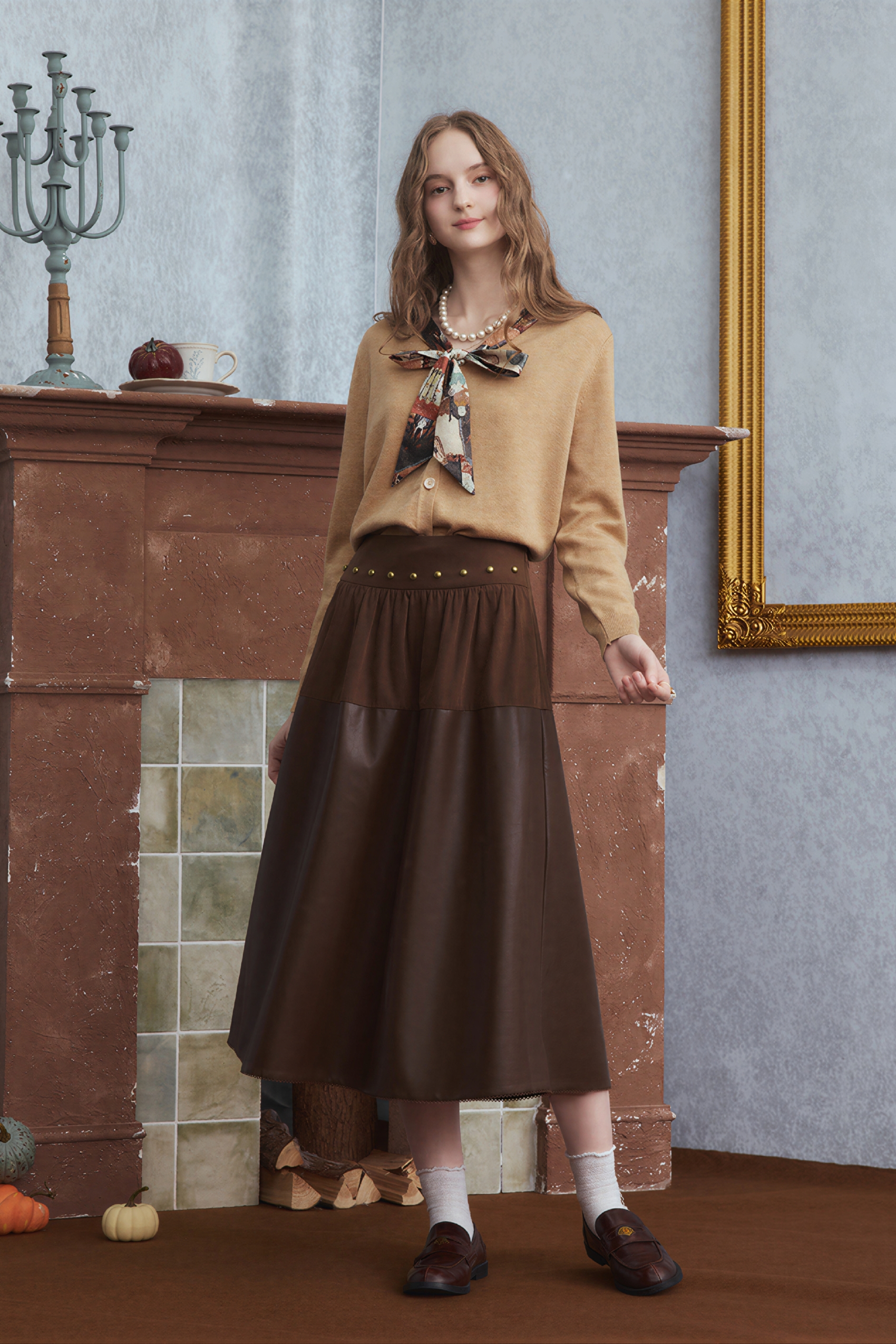 Brown retro leather midi skirt