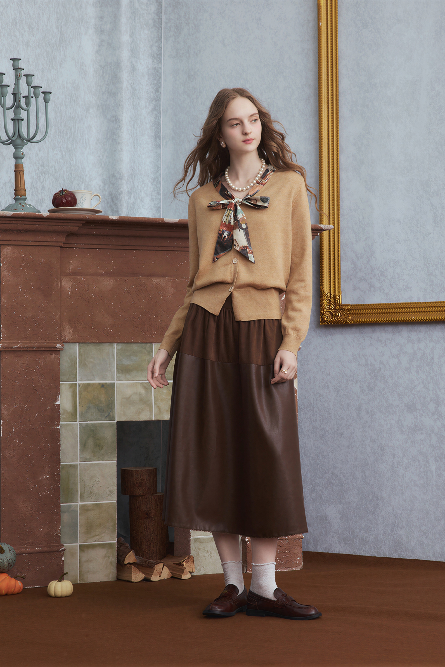 Brown retro leather midi skirt