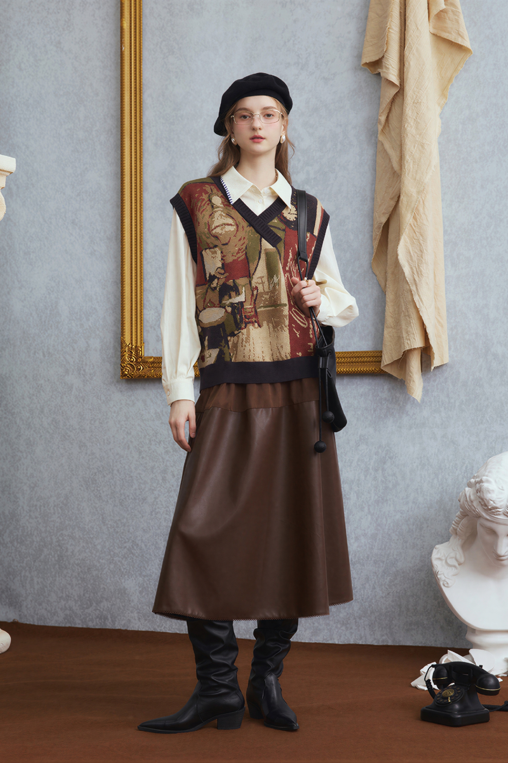 Brown retro leather midi skirt