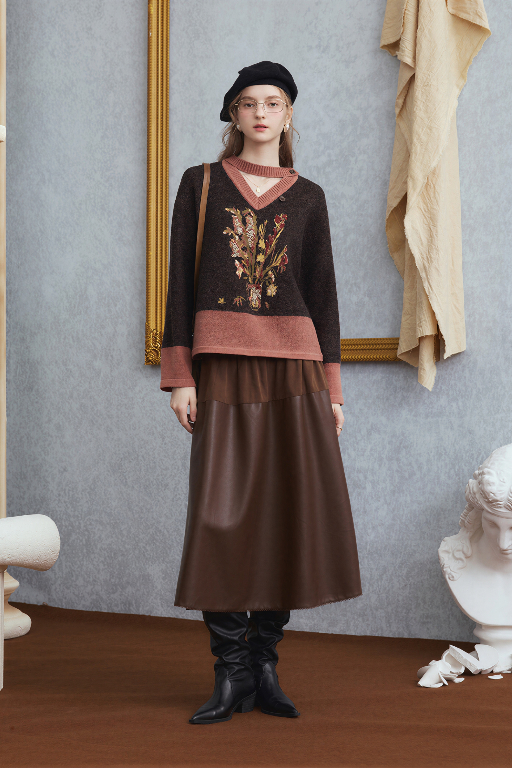 Brown retro leather midi skirt