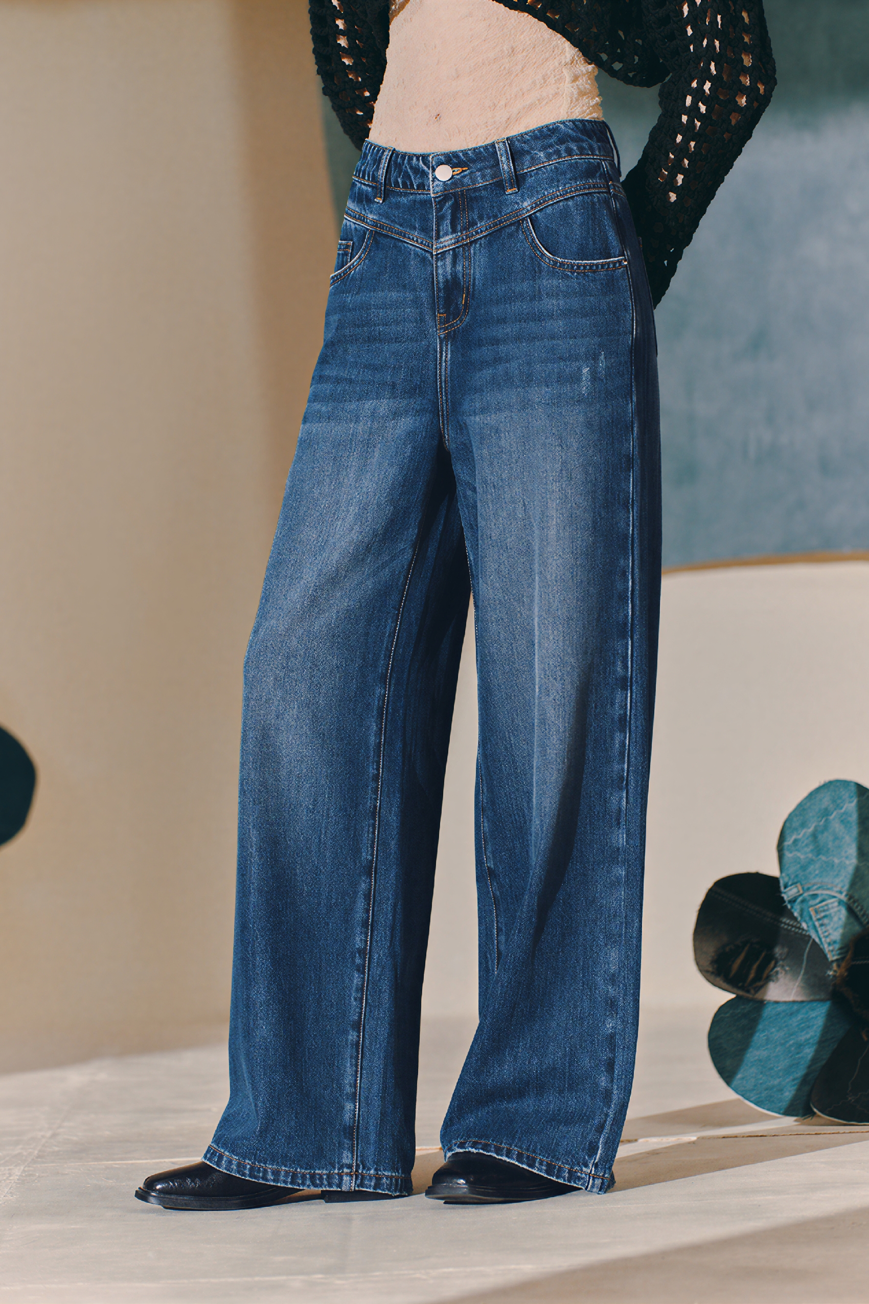 Denim blue wide-leg jeans-LYONSENS