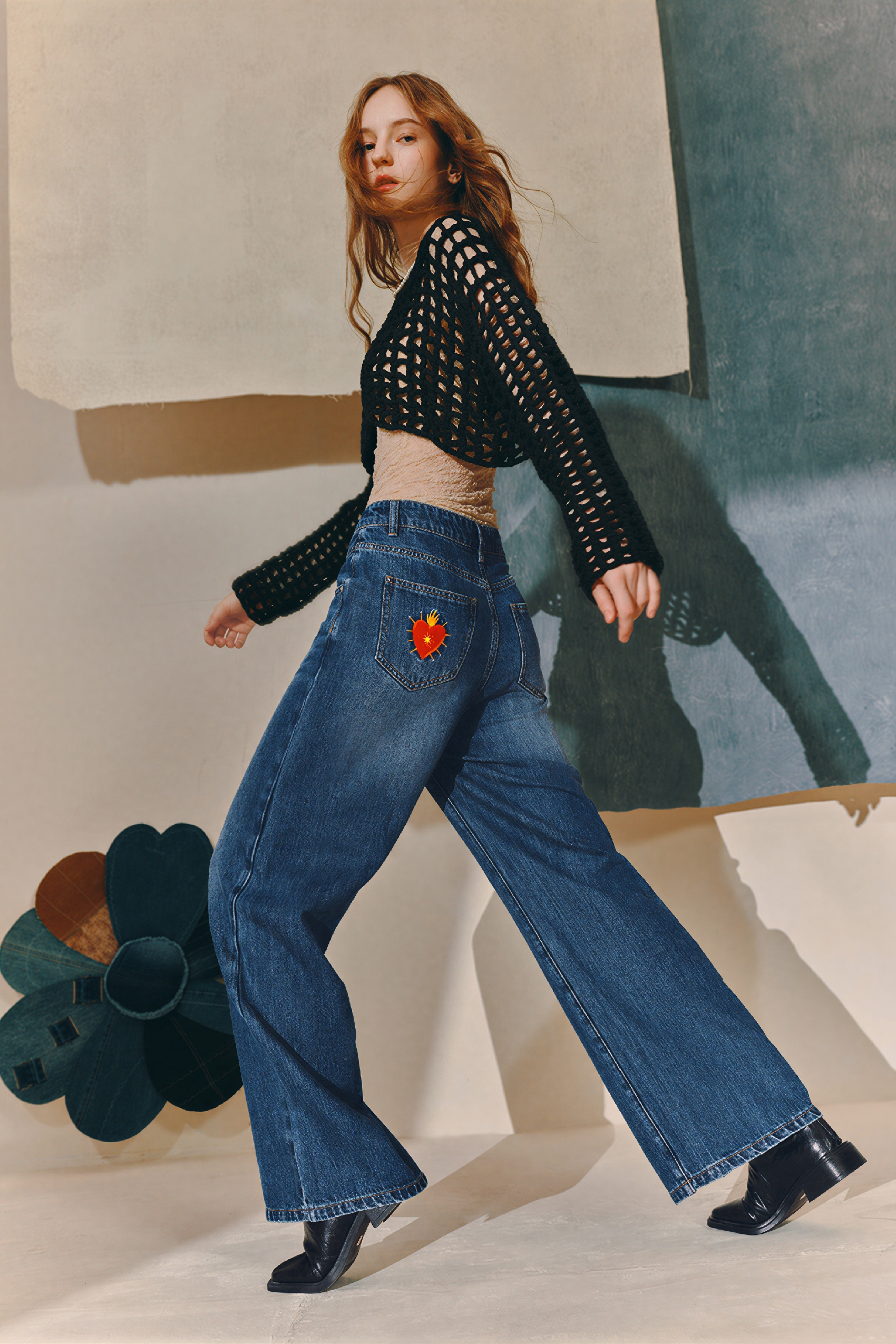 Denim blue wide-leg jeans-LYONSENS