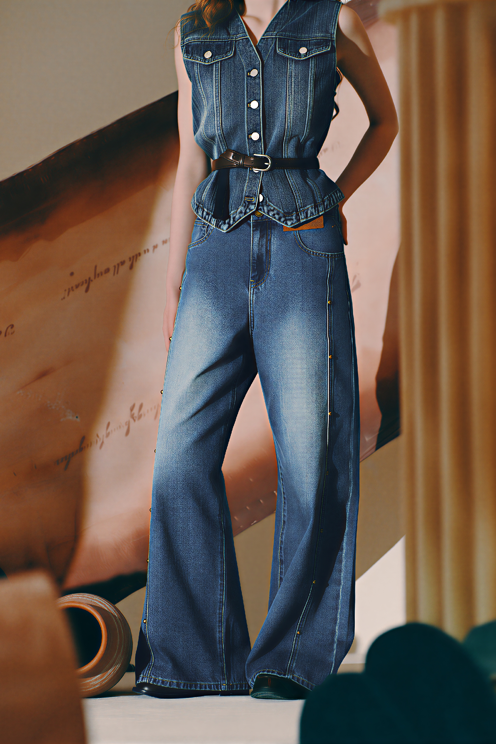 Van Gogh-Inspired Dark Vintage Wide-Leg Denim Pants