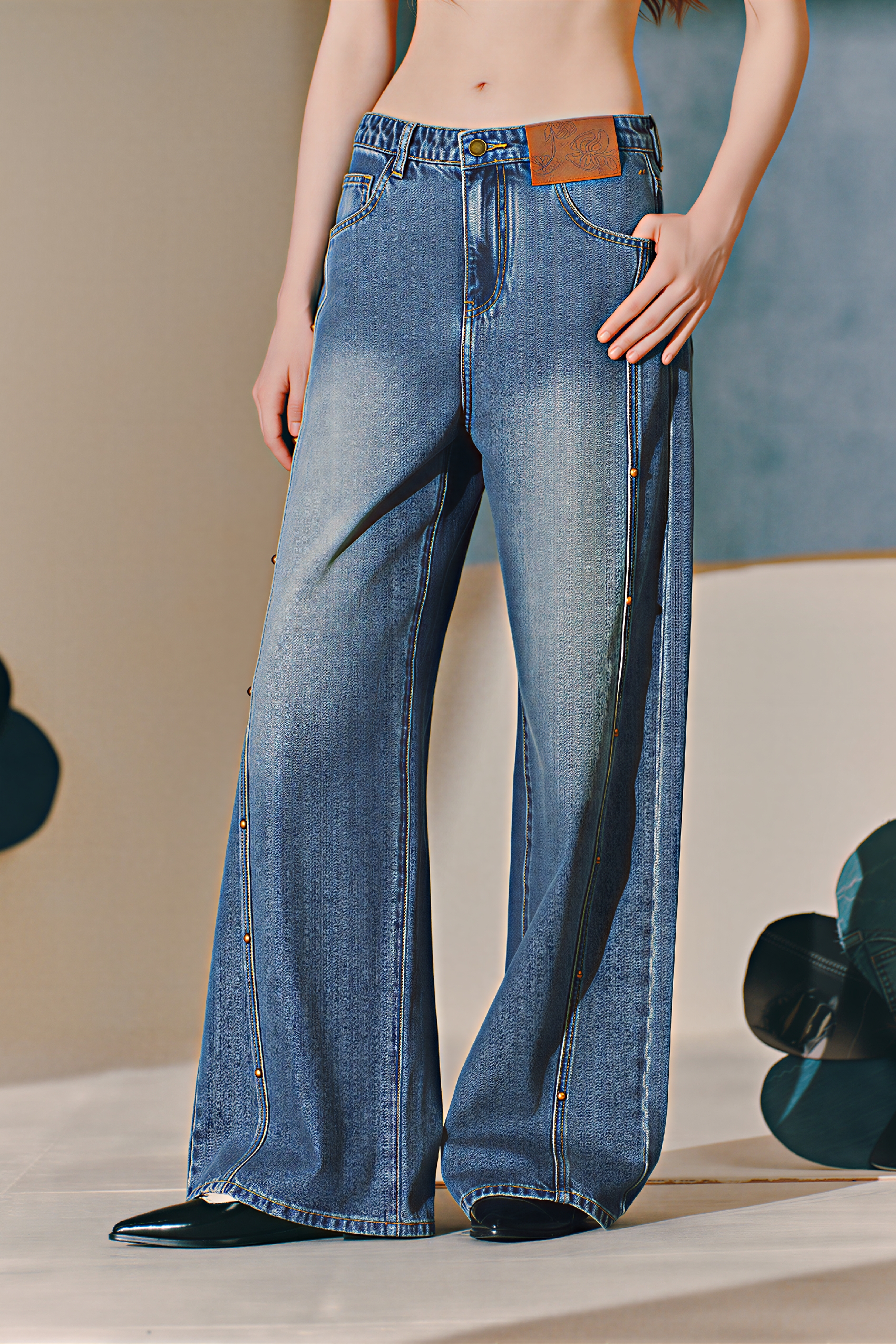 Van Gogh-Inspired Dark Vintage Wide-Leg Denim Pants