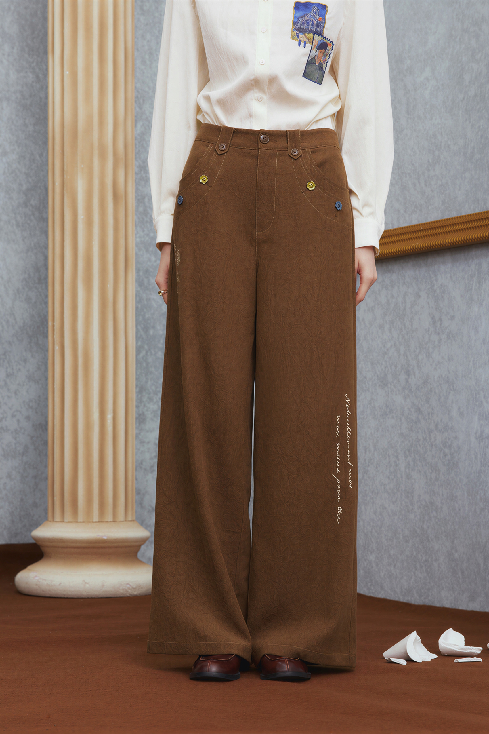 Van Gogh-Inspired Vintage High-Waist Wide-Leg Pants