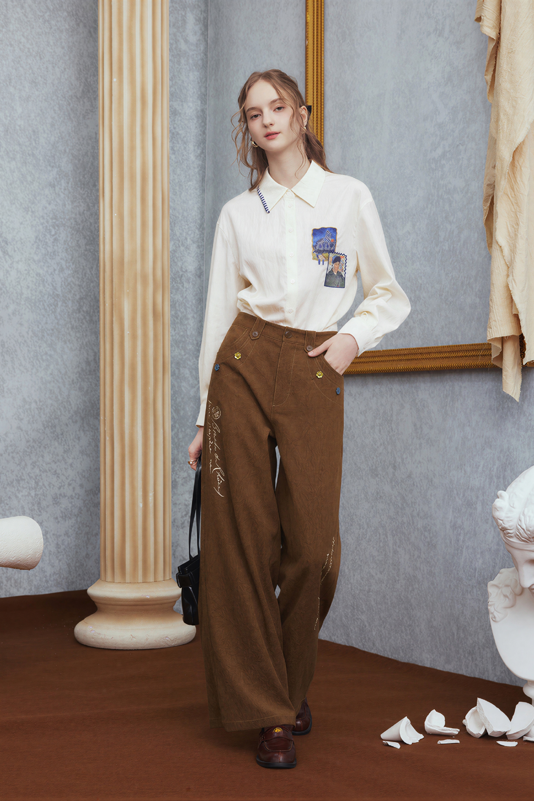 Van Gogh-Inspired Vintage High-Waist Wide-Leg Pants