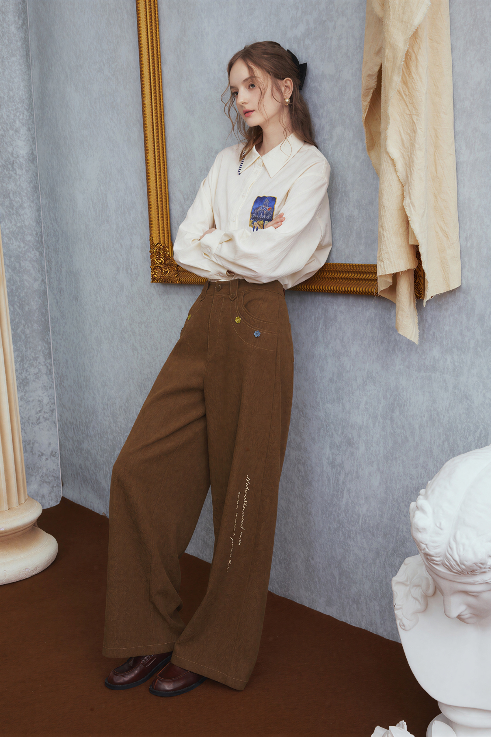 Van Gogh-Inspired Vintage High-Waist Wide-Leg Pants