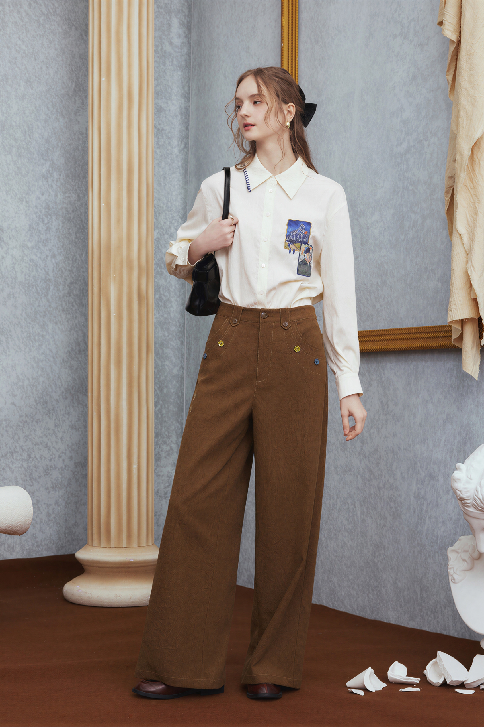 Van Gogh-Inspired Vintage High-Waist Wide-Leg Pants