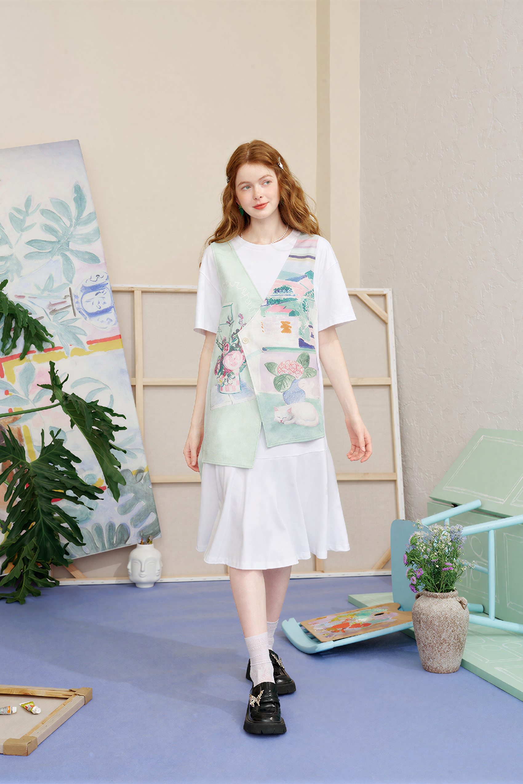 French Patchwork Faux Two-Piece Dress