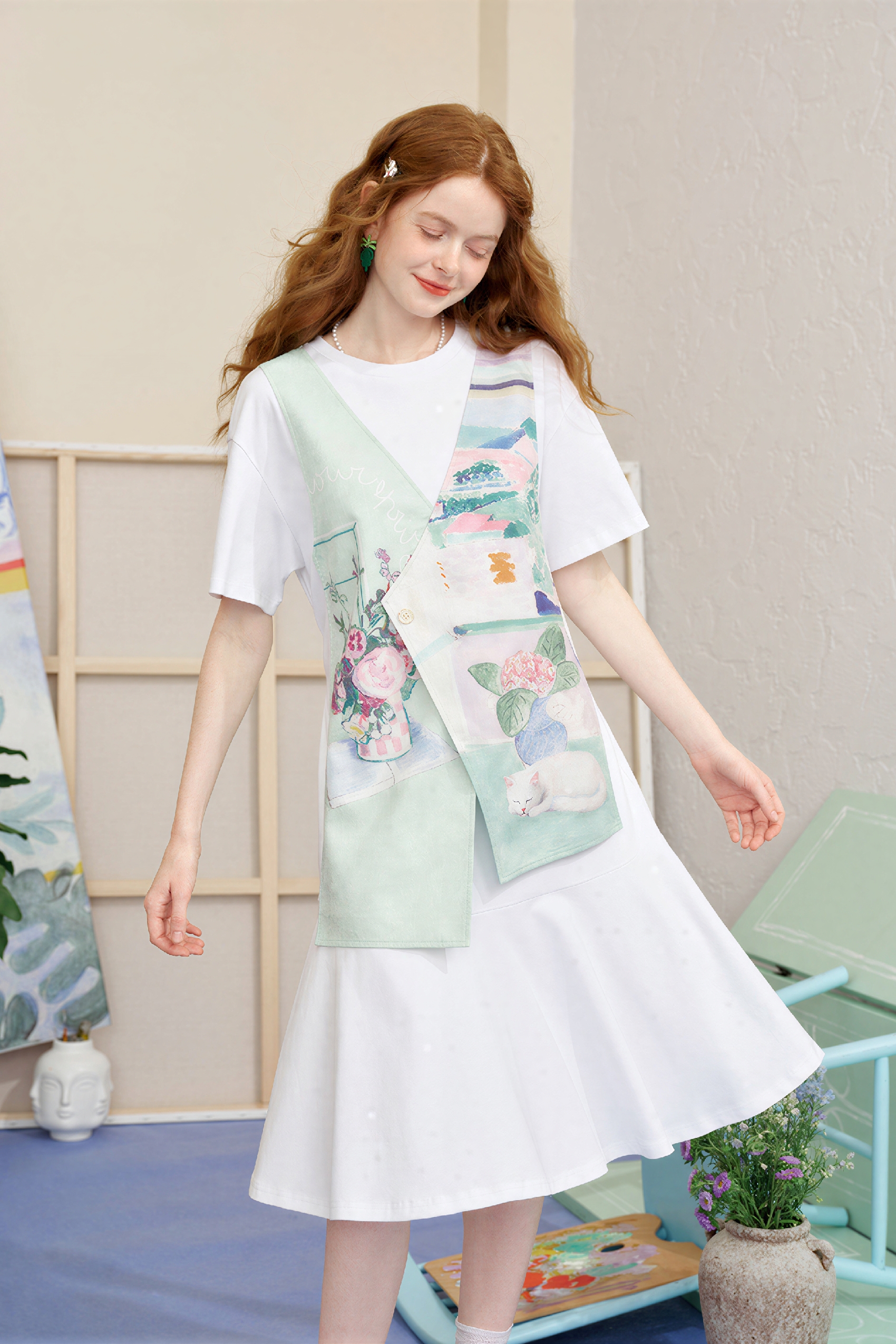 French Patchwork Faux Two-Piece Dress