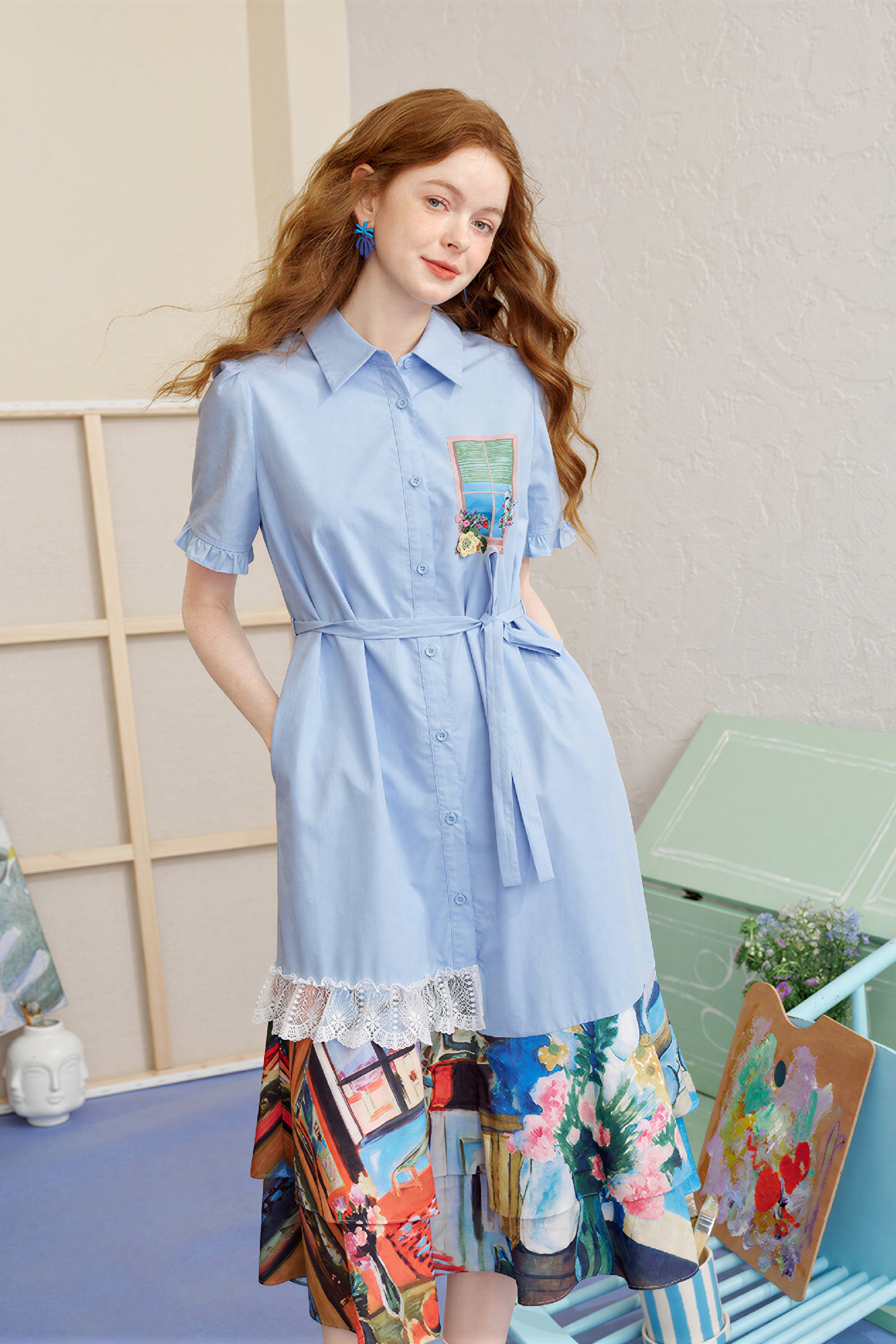 Matisse-Inspired Printed Waist-Defined Shirt Dress